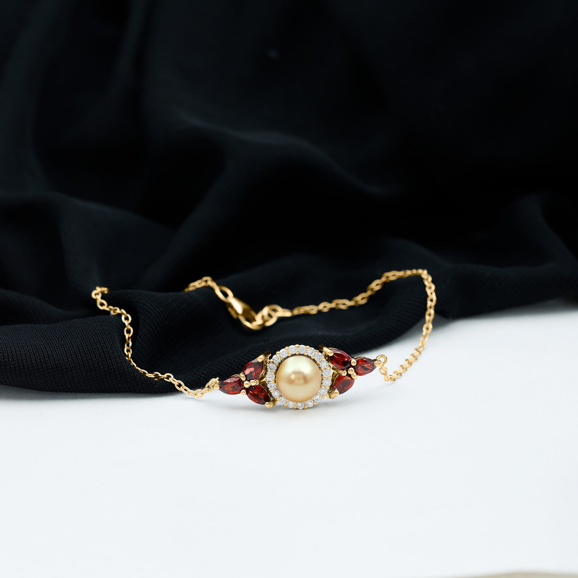 South Sea Pearl Chain Bracelet with Garnet and Diamond South Sea Pearl-AAA Quality - Arisha Jewels