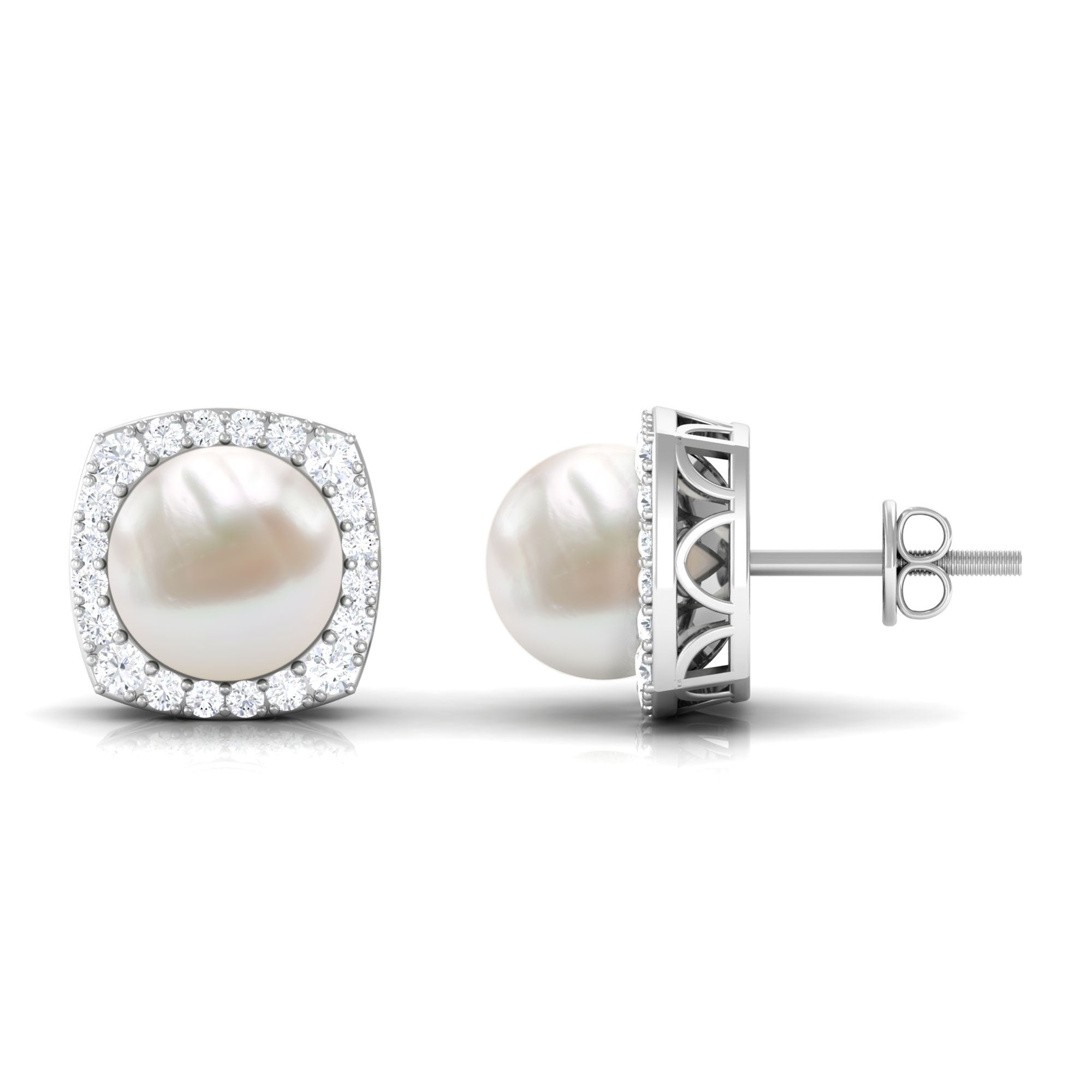 Arisha Jewels-Freshwater Pearl Stud Earrings with Diamond Halo