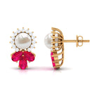 Arisha Jewels-Freshwater White Pearl Cocktail Stud Earrings with Ruby