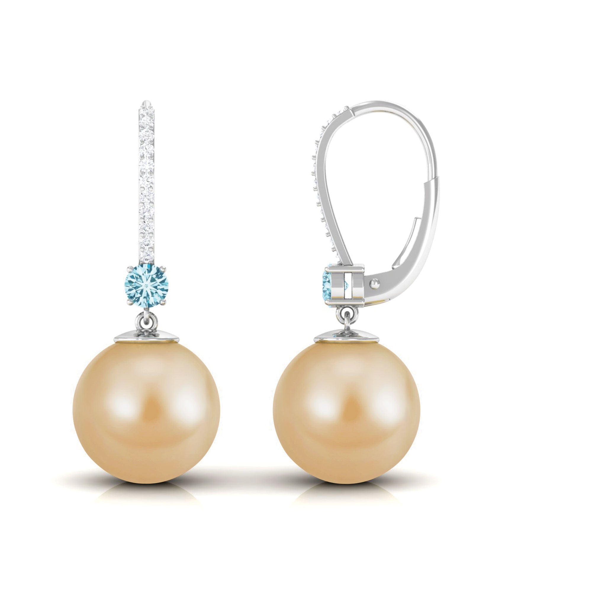 South Sea Pearl Drop Earrings with Aquamarine and Diamond South Sea Pearl-AAAA Quality - Arisha Jewels