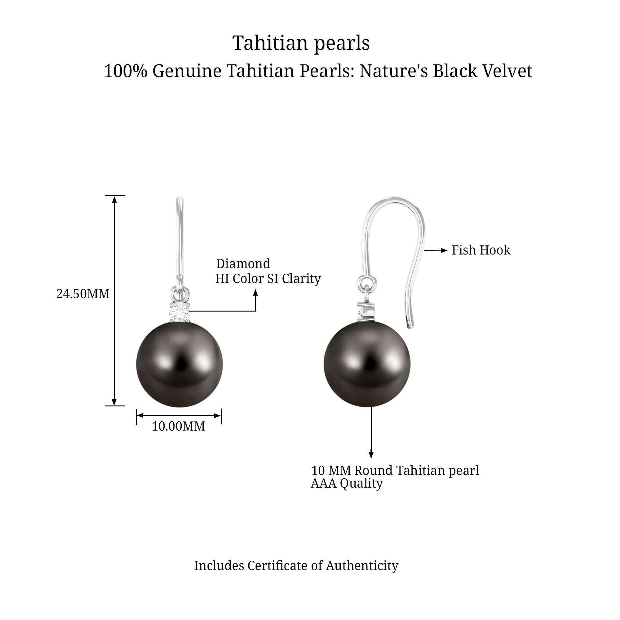 Arisha Jewels-Solitaire Tahitian Pearl Drop Earrings with Diamond