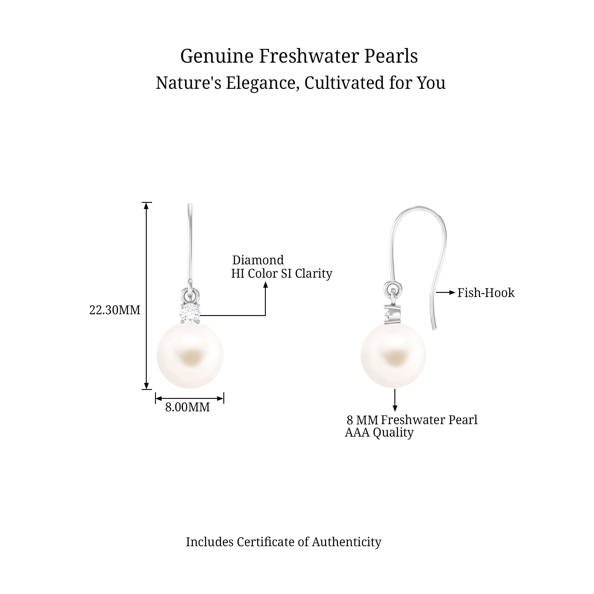 Arisha Jewels-White Freshwater Pearl Drop Earrings with Diamond