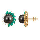 Arisha Jewels-Natural Certified Black Pearl Halo Stud Earrings with Emerald and Moissanite