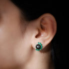 Arisha Jewels-Natural Certified Black Pearl Halo Stud Earrings with Emerald and Moissanite