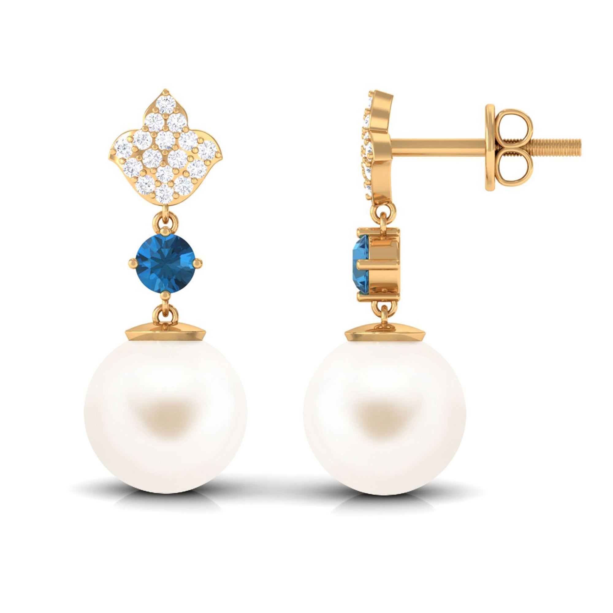 Arisha Jewels-White Pearl Drop Earrings with Blue Topaz and Diamond