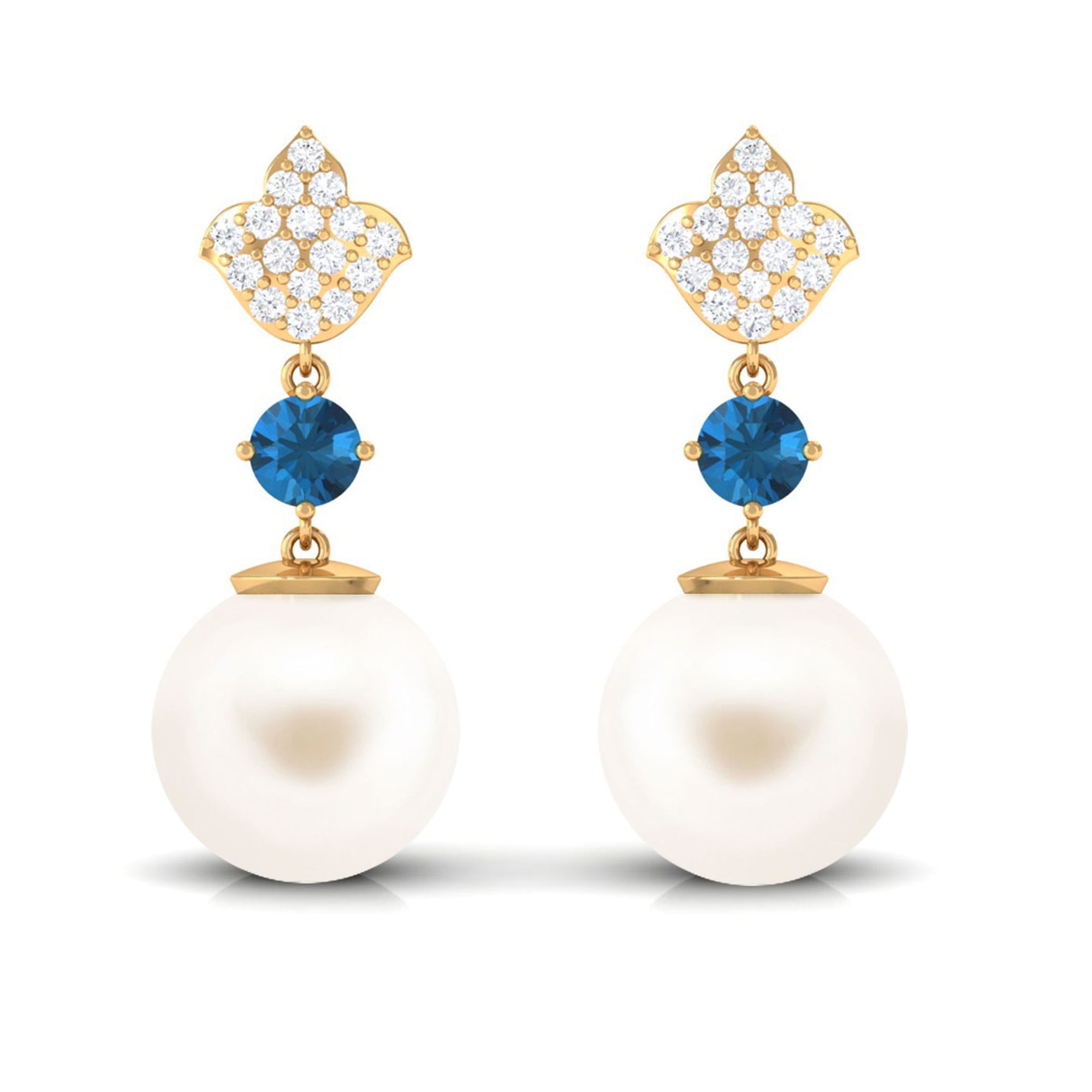 Arisha Jewels-White Pearl Drop Earrings with Blue Topaz and Diamond