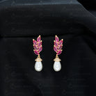 Arisha Jewels-Handpicked White Pearl Dangle Drop Earrings with Lab Ruby and Moissanite