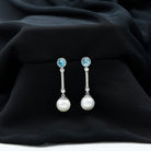 Minimal White Pearl Dangle Earrings with Blue Topaz Freshwater Pearl - ( AAA ) - Quality 92.5 Sterling Silver - Arisha Jewels