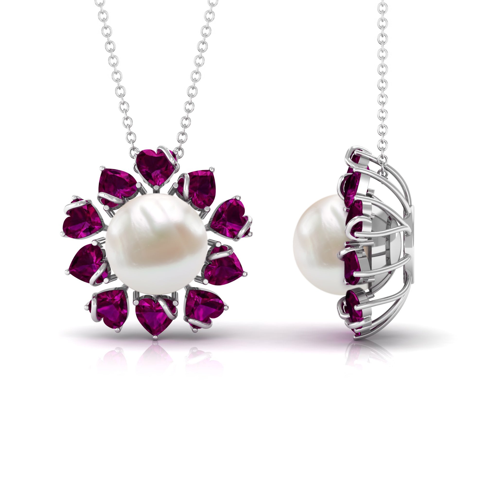 Arisha Jewels-Freshwater Pearl Floral Pendant with Heart Shaped Rhodolite Petals