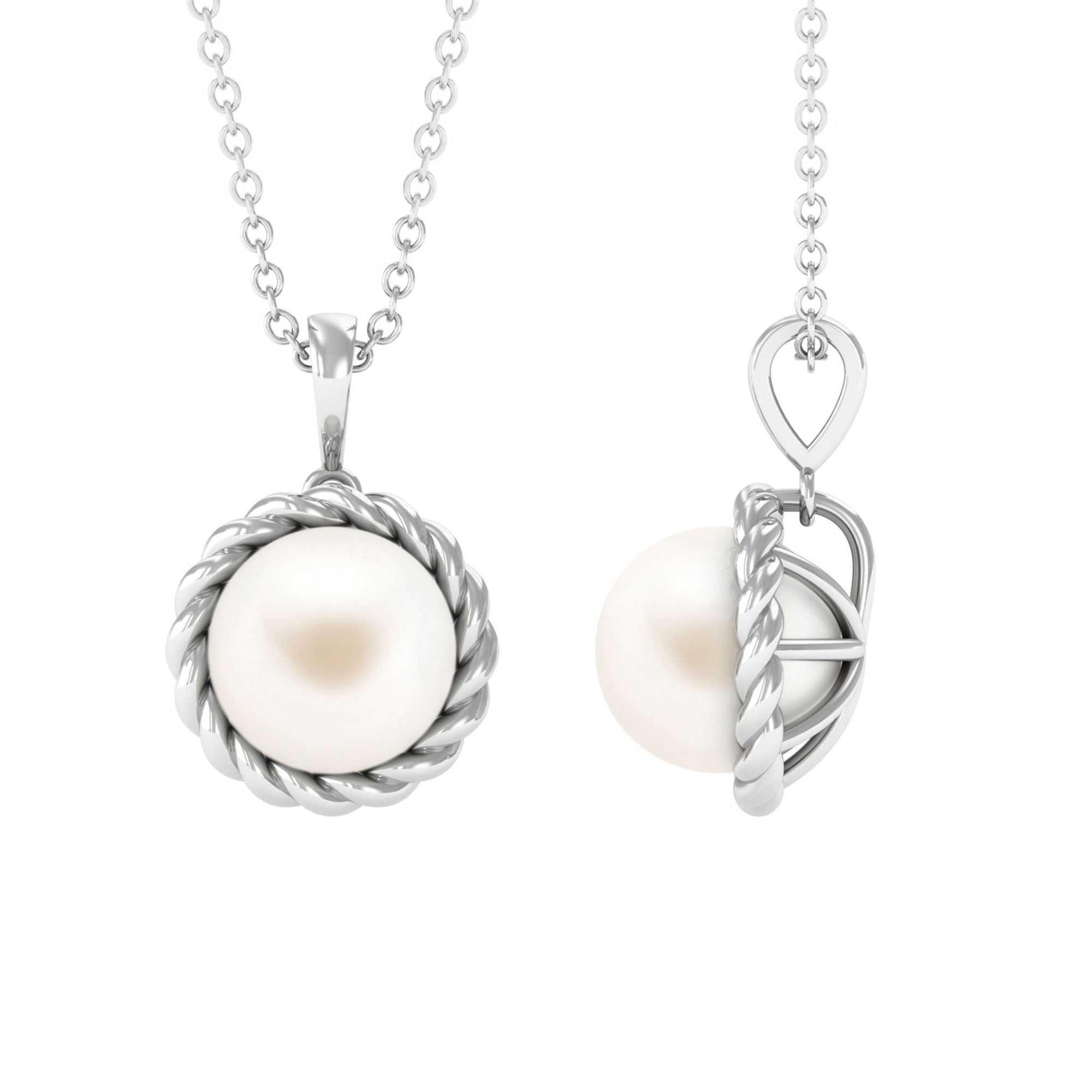 Arisha Jewels-Solitaire White Pearl Pendant in Twisted Rope Frame