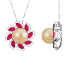 Arisha Jewels-Natural Certified South Sea Golden Pearl Pendant Necklace with Lab Grown Ruby in Moissanite