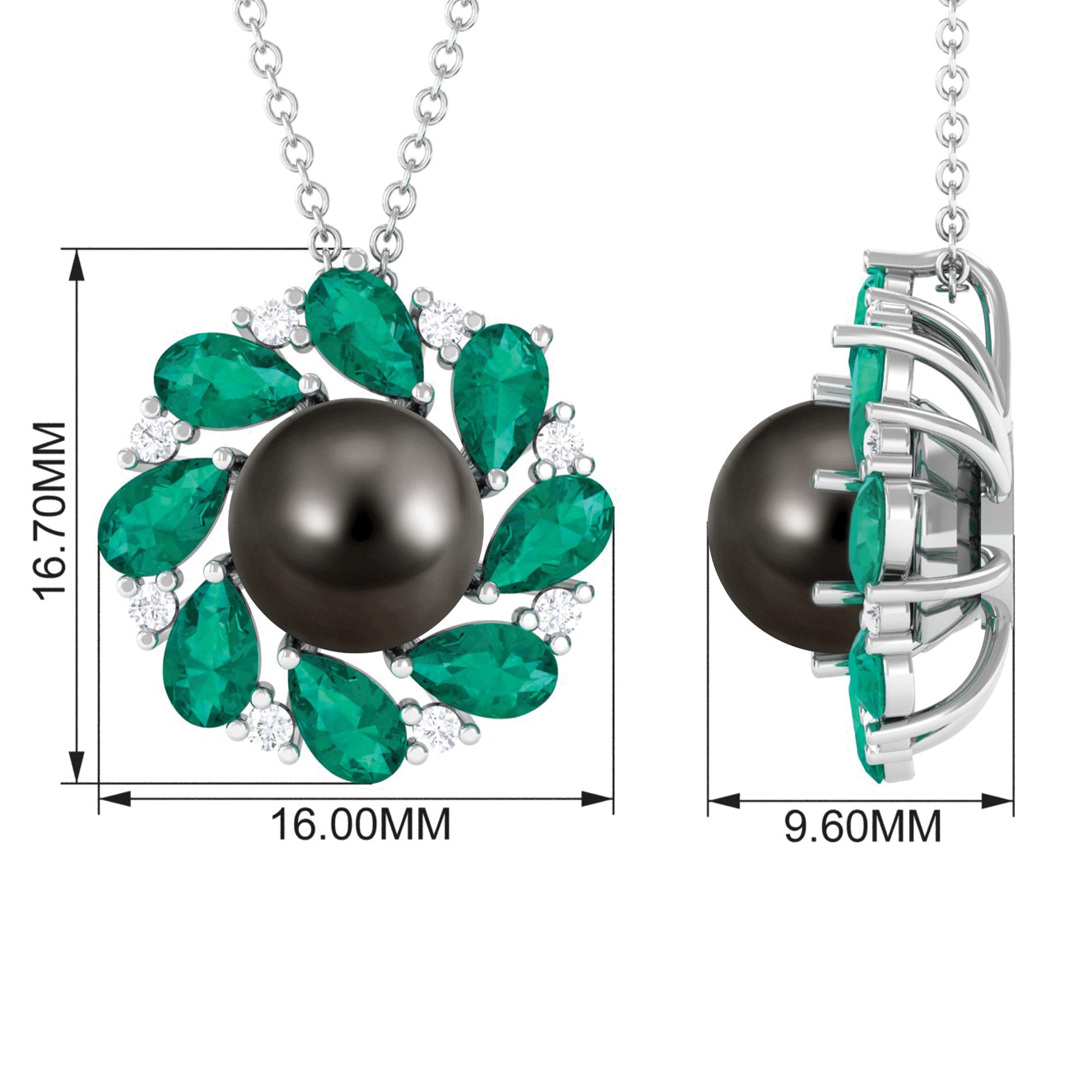 Arisha Jewels-Handpicked Black Tahitian Pearl Flower Pendant Necklace with Lab Grown Emerald and Moissanite