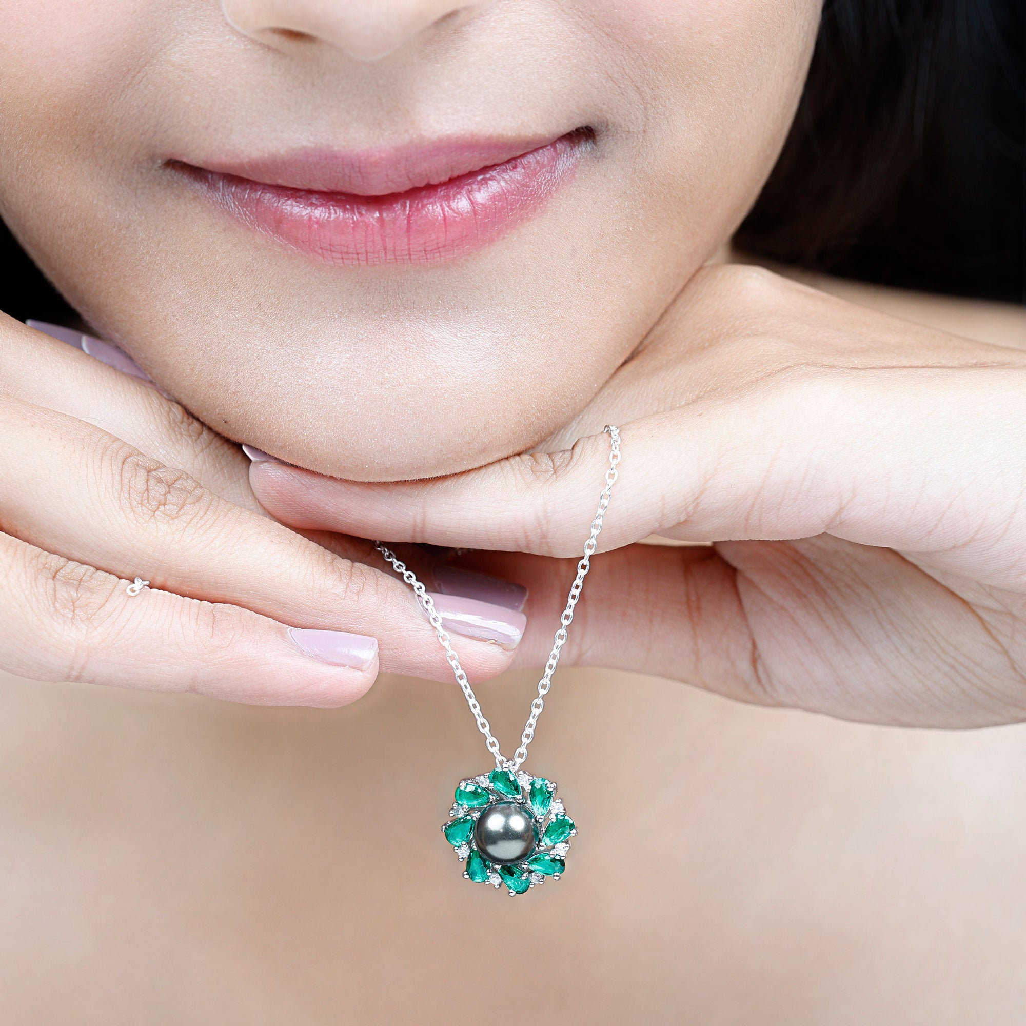 Arisha Jewels-Handpicked Black Tahitian Pearl Flower Pendant Necklace with Lab Grown Emerald and Moissanite