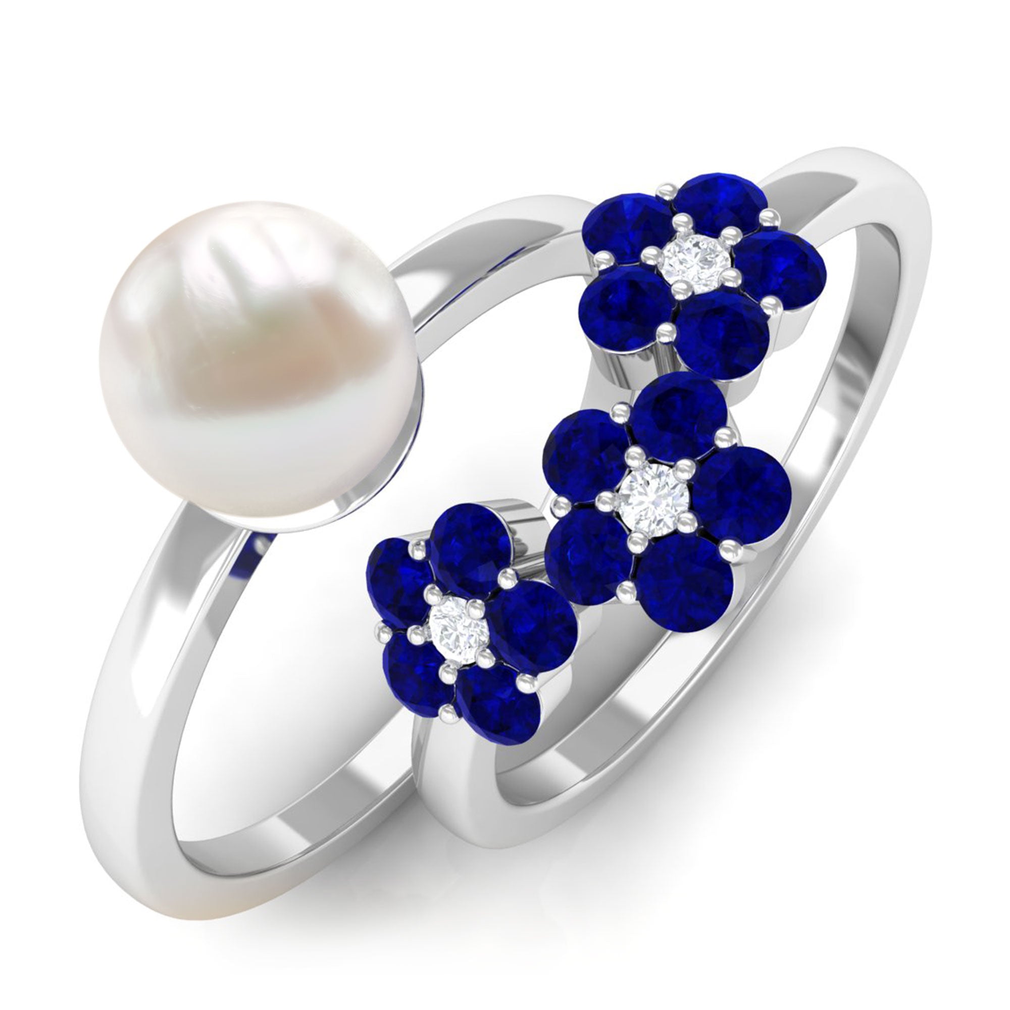 Arisha Jewels-Pearl Bridal Ring Set with Blue Sapphire Floral Enhancer