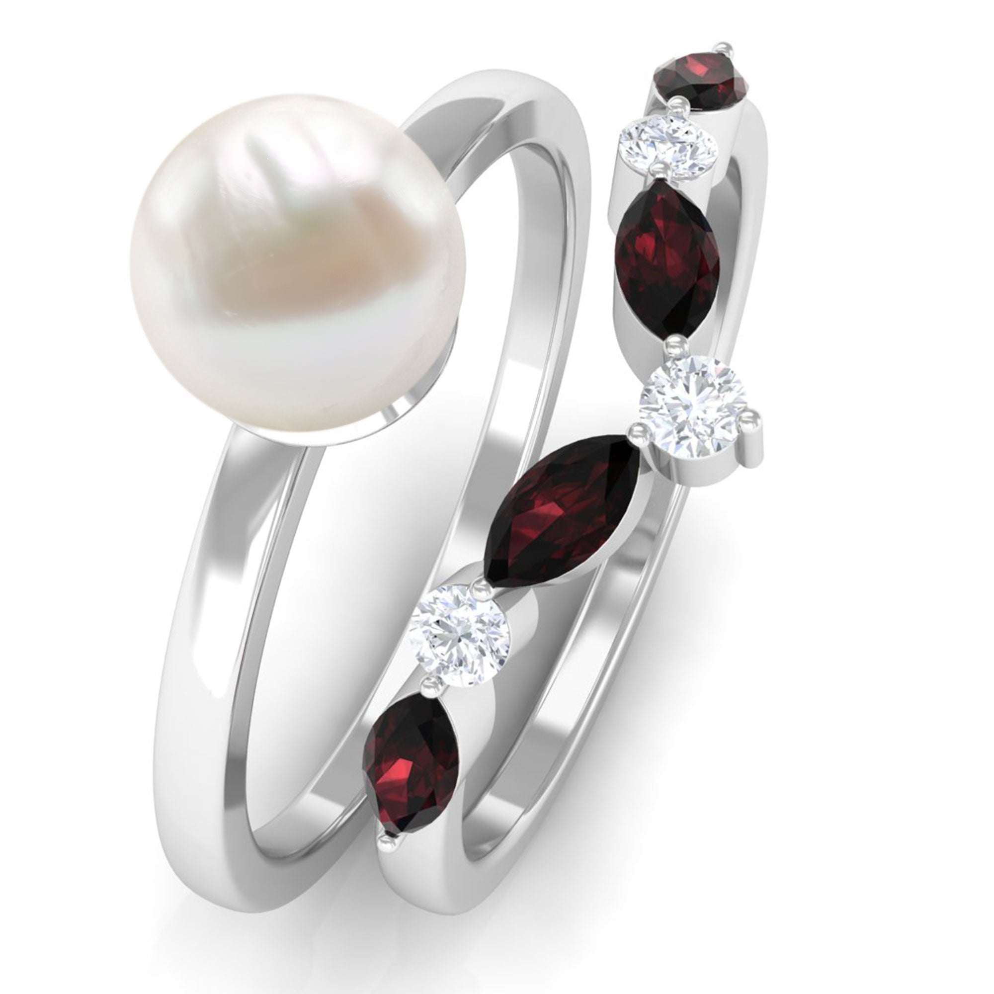 Arisha Jewels-Minimal Pearl Solitaire Ring Set with Garnet and Diamond