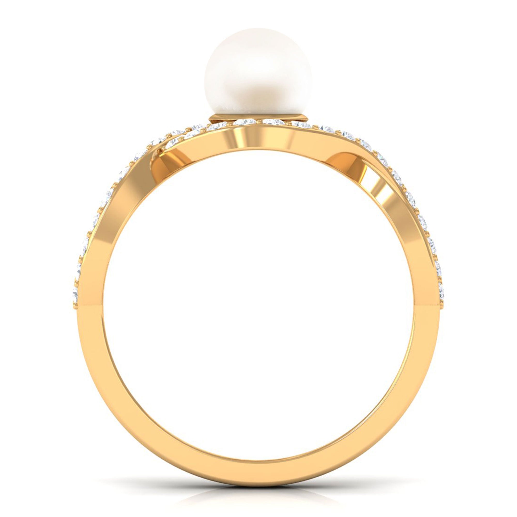 Arisha Jewels-White Pearl Crossover Engagement Ring with Diamond