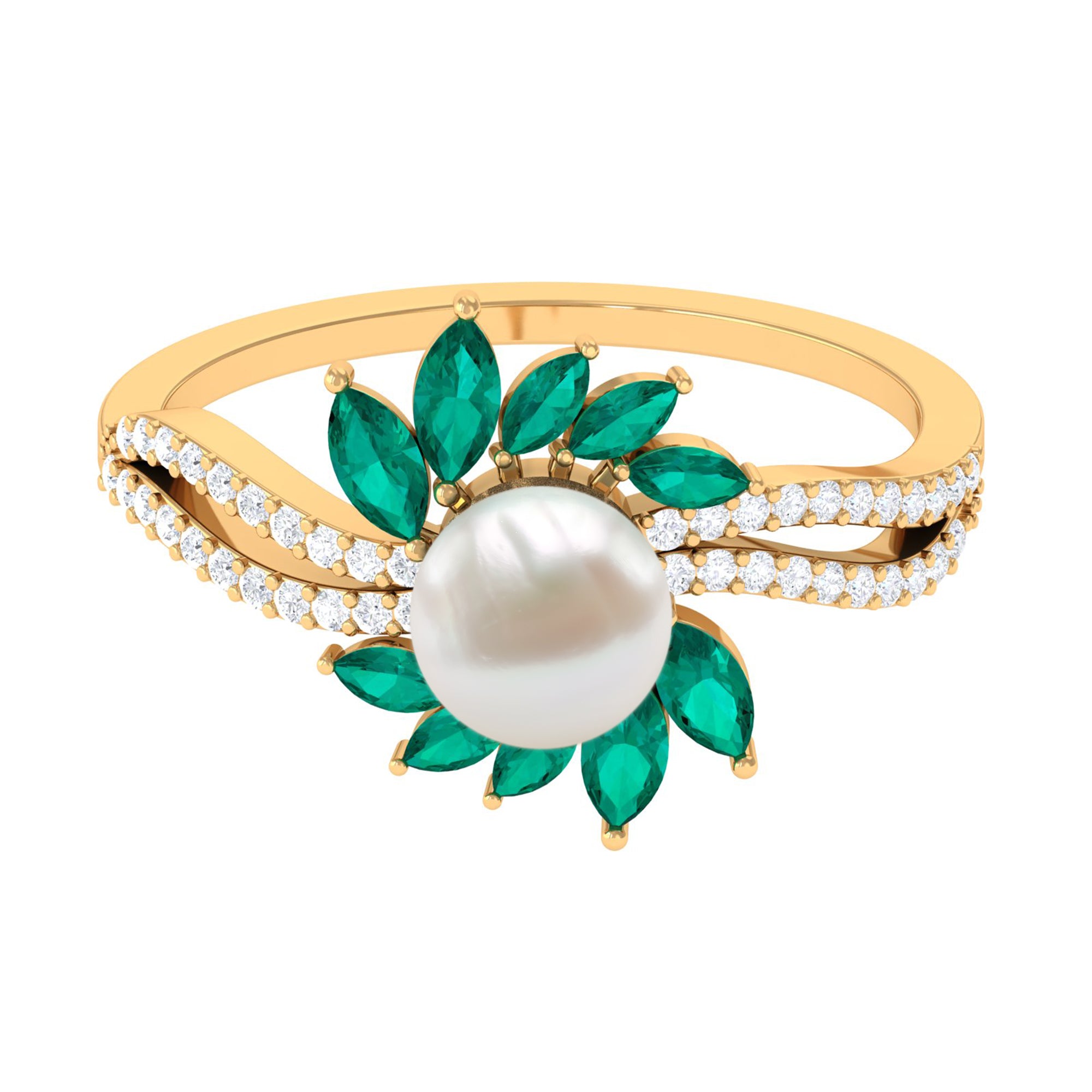 Arisha Jewels-Flower Inspired Freshwater Pearl Cocktail Ring with Emerald