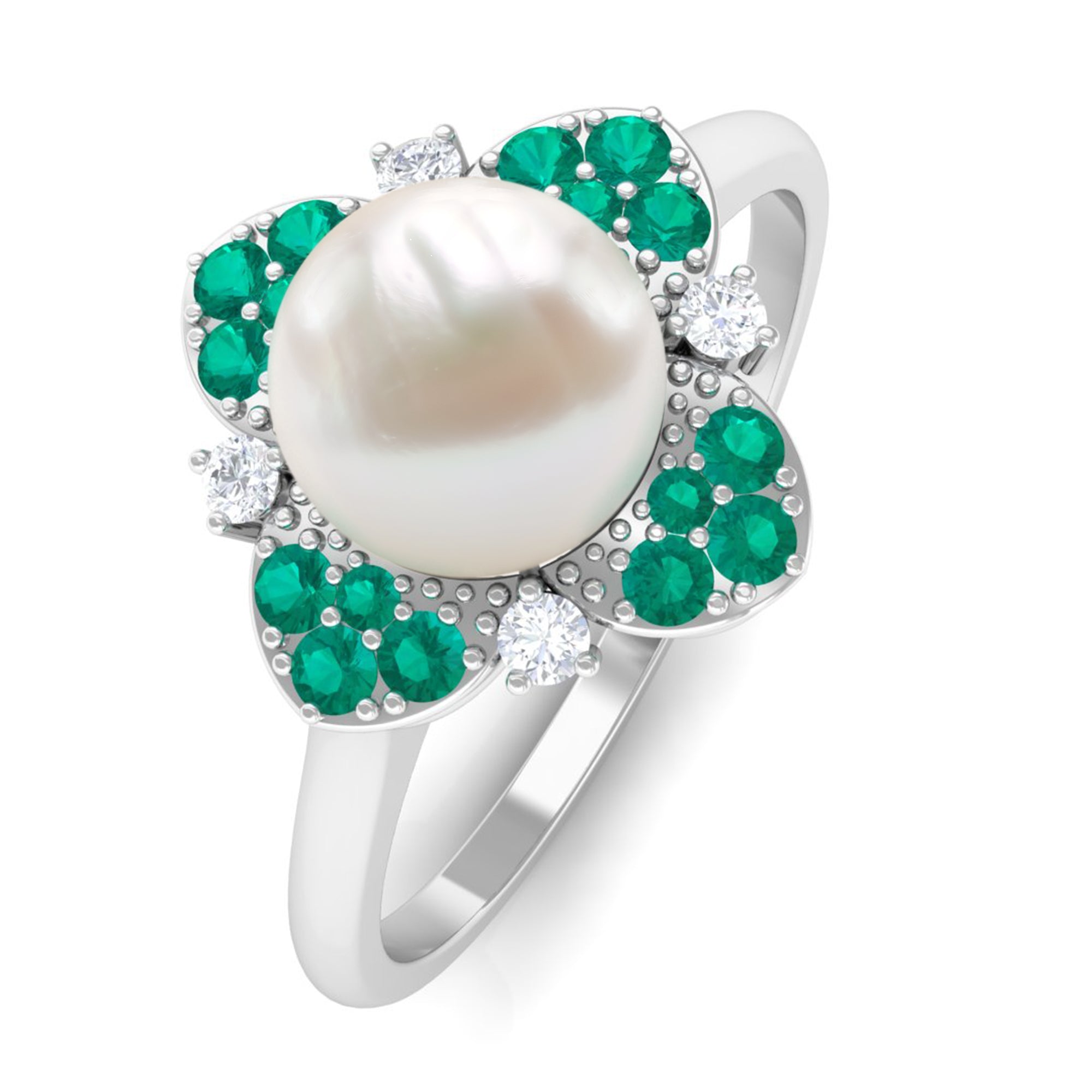 Arisha Jewels-Nature Inspired Freshwater Pearl Floral Ring with Emerald