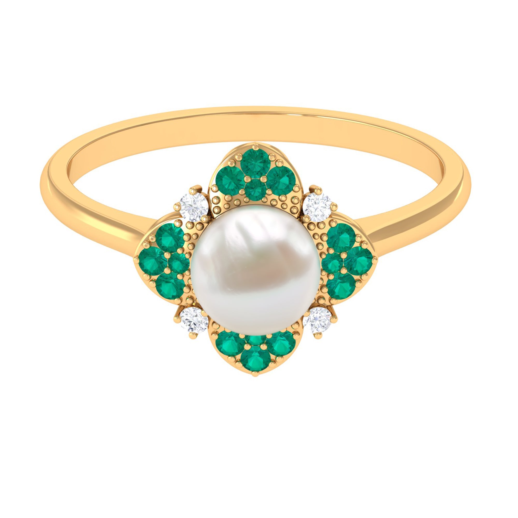 Arisha Jewels-Nature Inspired Freshwater Pearl Floral Ring with Emerald