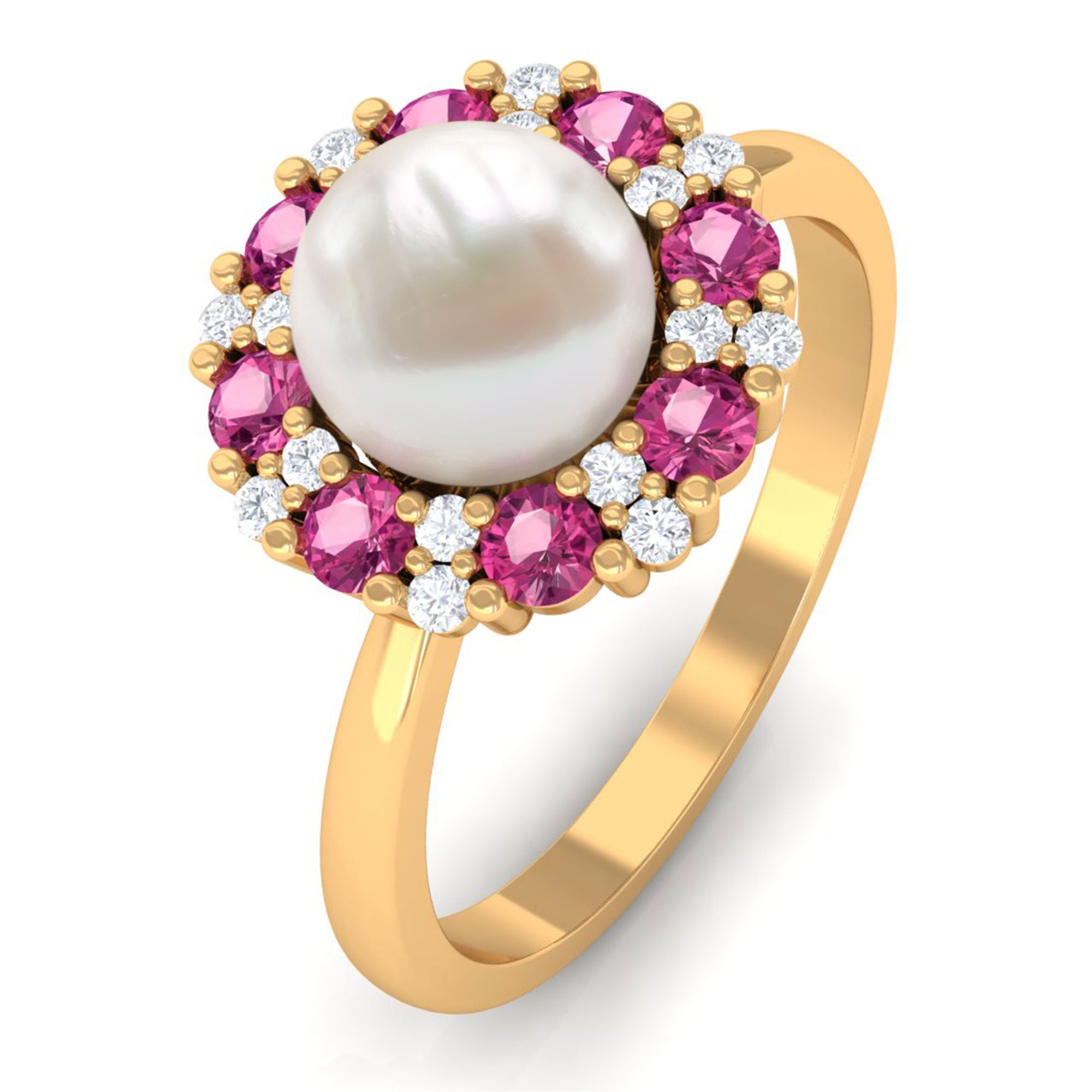 Arisha Jewels-White Cultured Pearl Halo Statement Ring with Tourmaline with Diamond