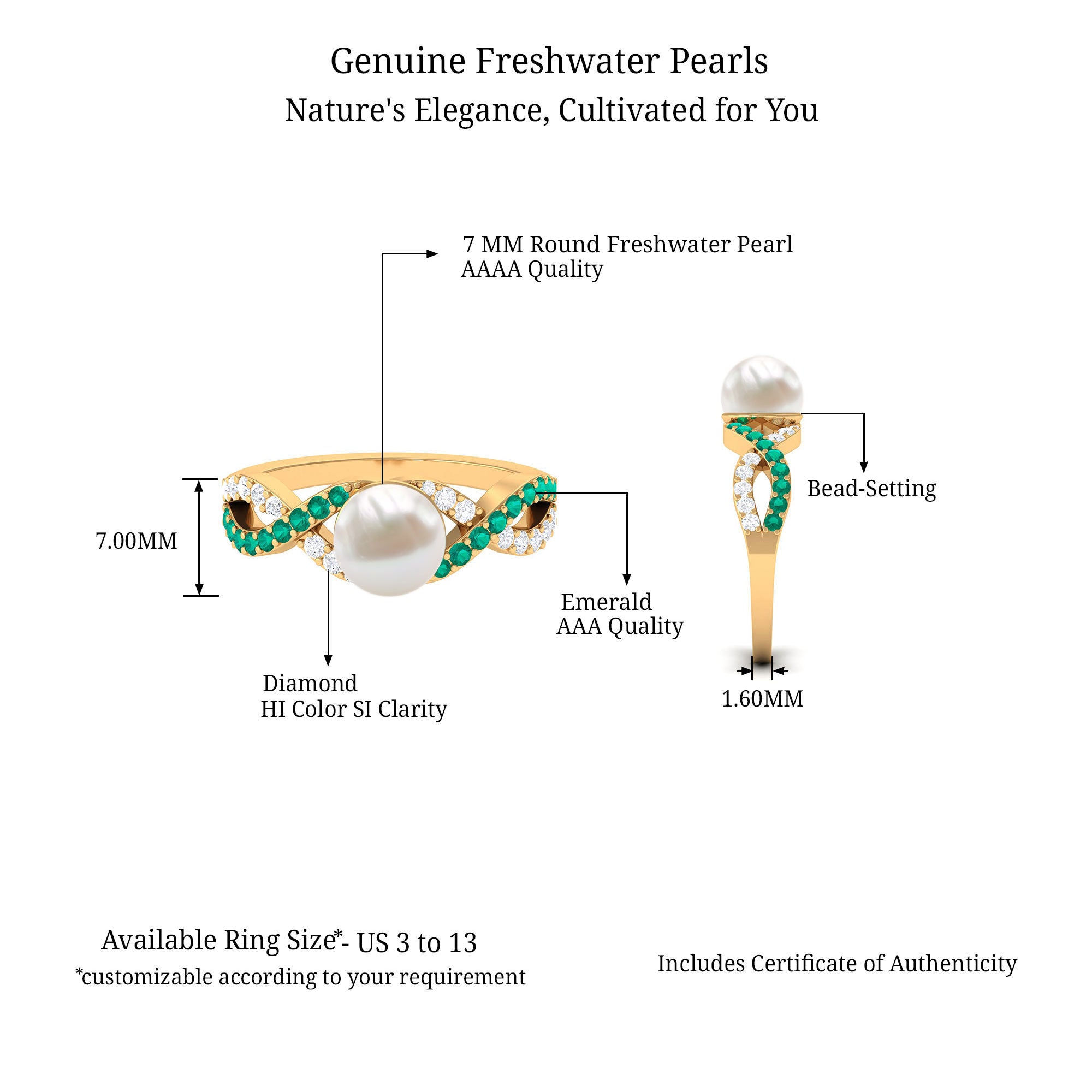 Solitaire Freshwater Pearl Infinity Ring with Emerald and Diamond Freshwater Pearl-AAAA Quality - Arisha Jewels