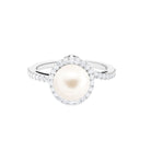 Arisha Jewels-White Freshwater Pearl Halo Engagement Ring with Diamond