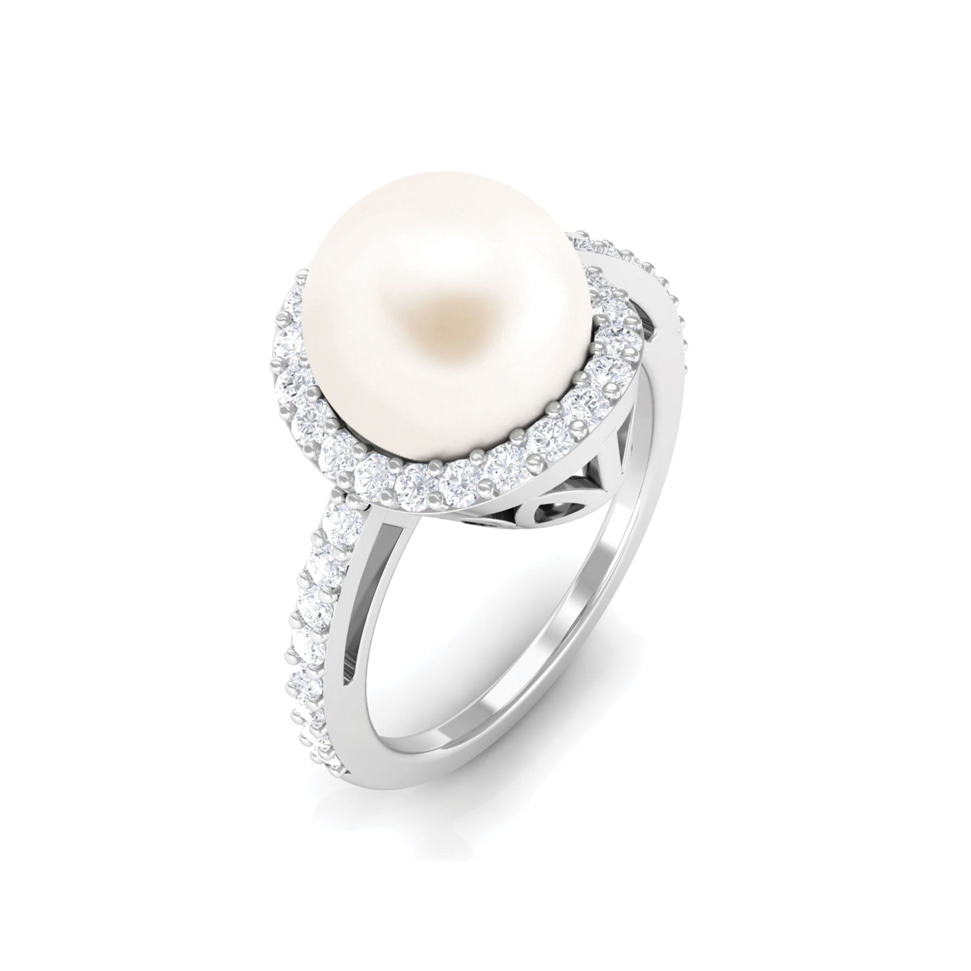 Arisha Jewels-White Freshwater Pearl Halo Engagement Ring with Diamond