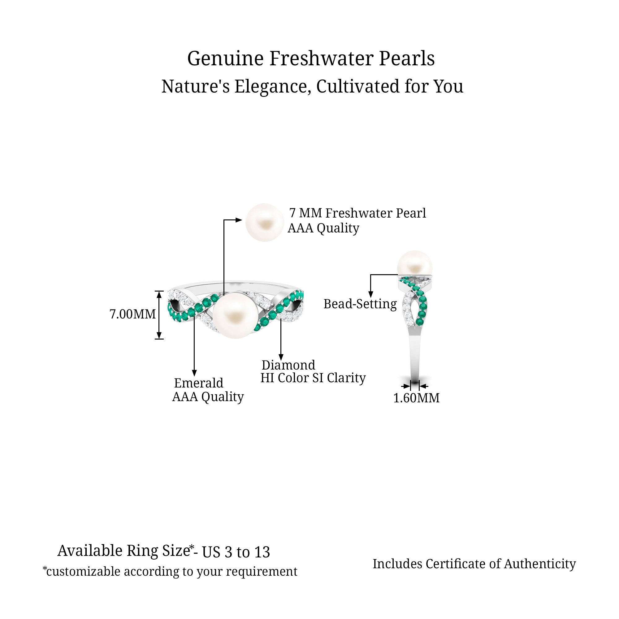 Solitaire Freshwater Pearl Infinity Ring with Emerald and Diamond Freshwater Pearl-AAA Quality - Arisha Jewels