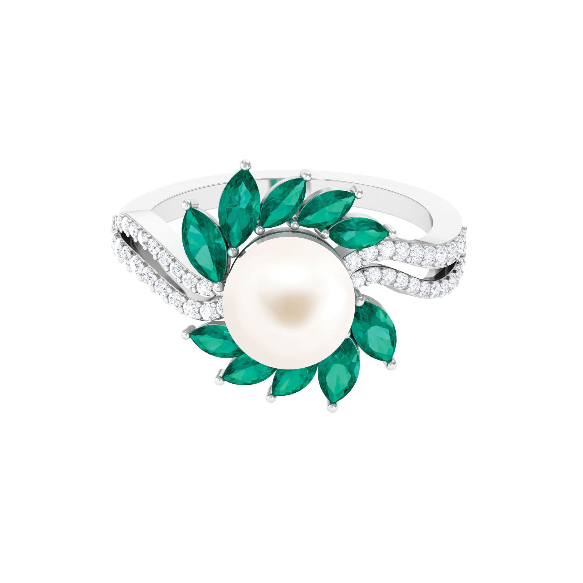 Arisha Jewels-Flower Inspired Freshwater Pearl Cocktail Ring with Emerald