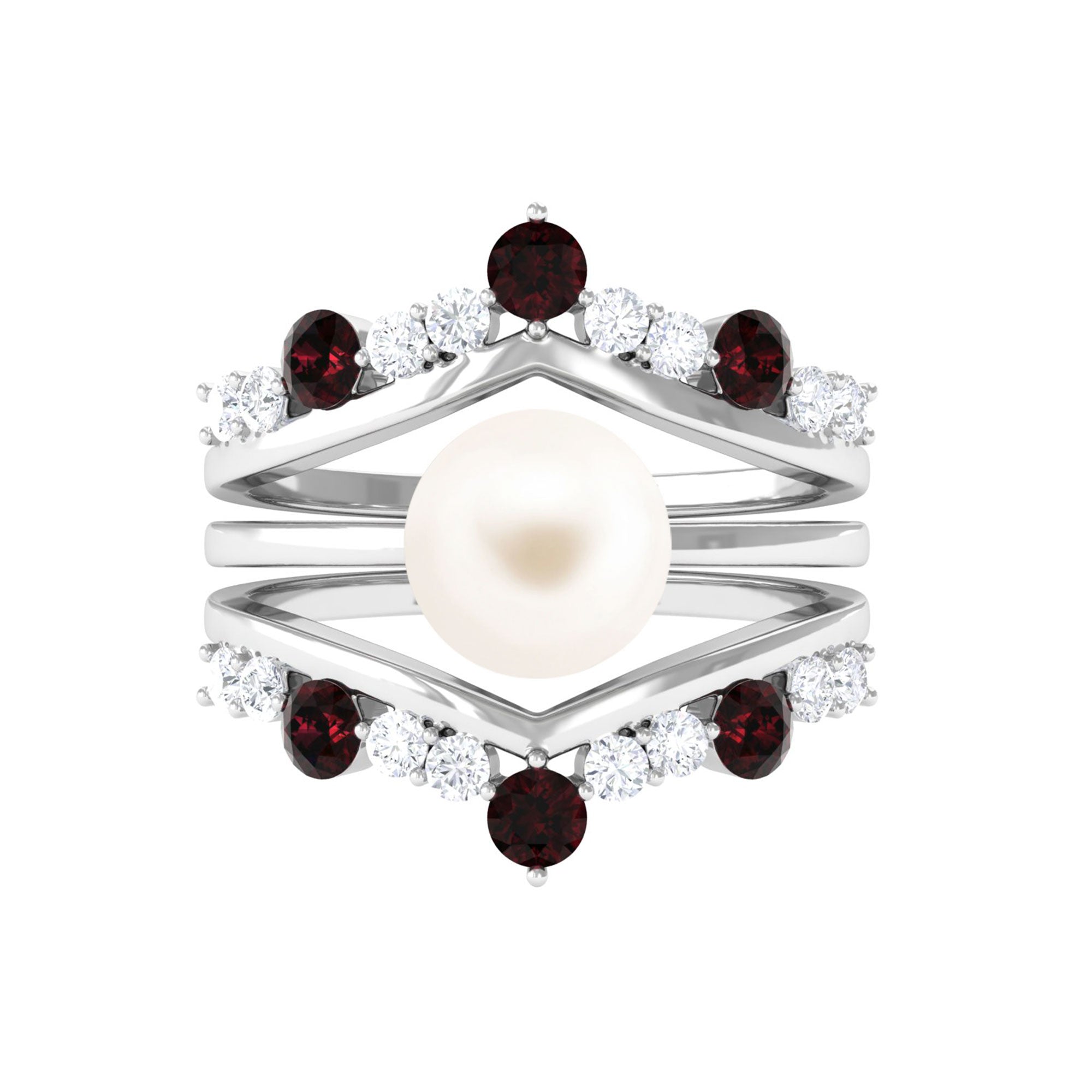 Arisha Jewels-White Pearl Trio Ring Set with Diamond and Garnet