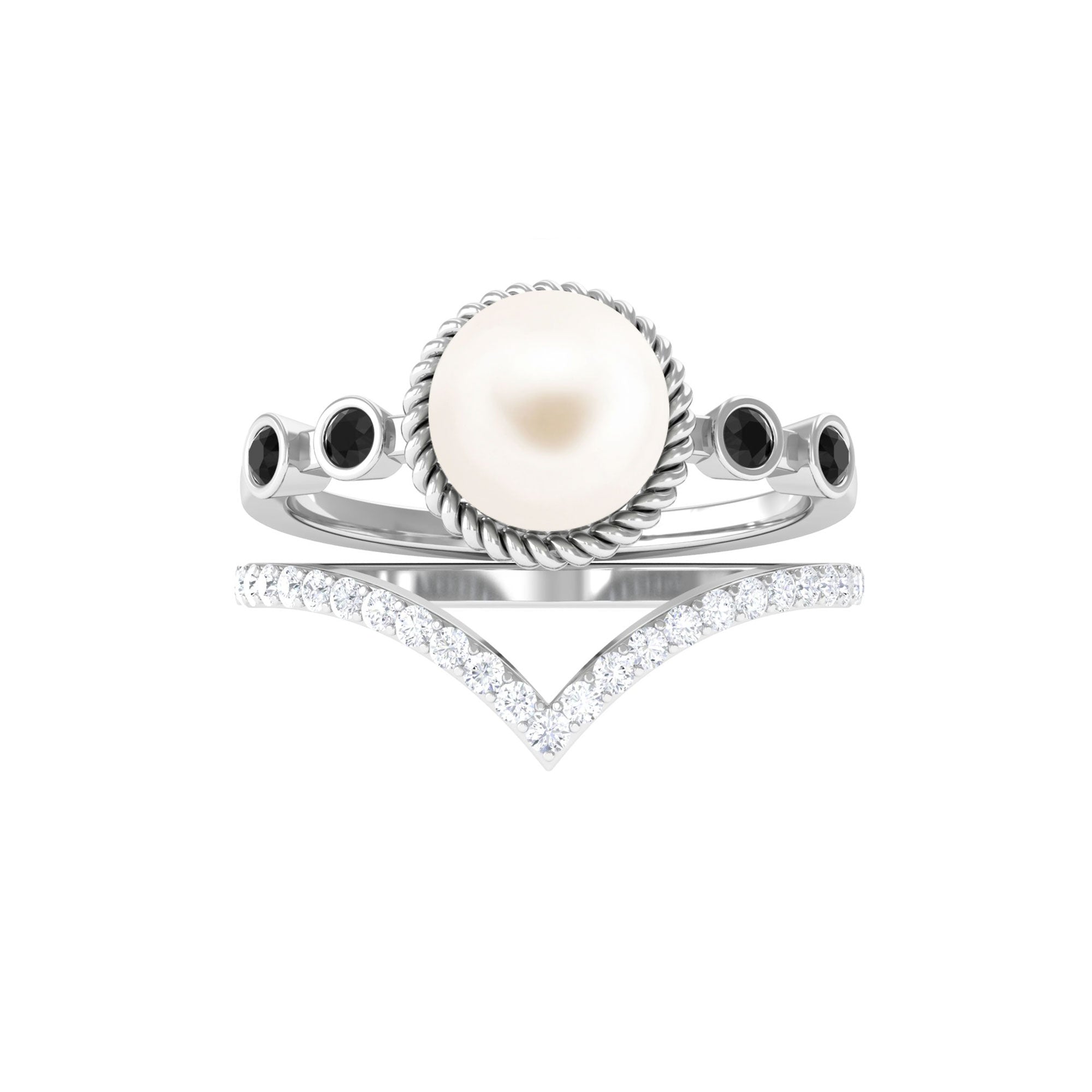 Arisha Jewels-Freshwater Pearl Bridal Ring Set of 2 with Black and White Diamond