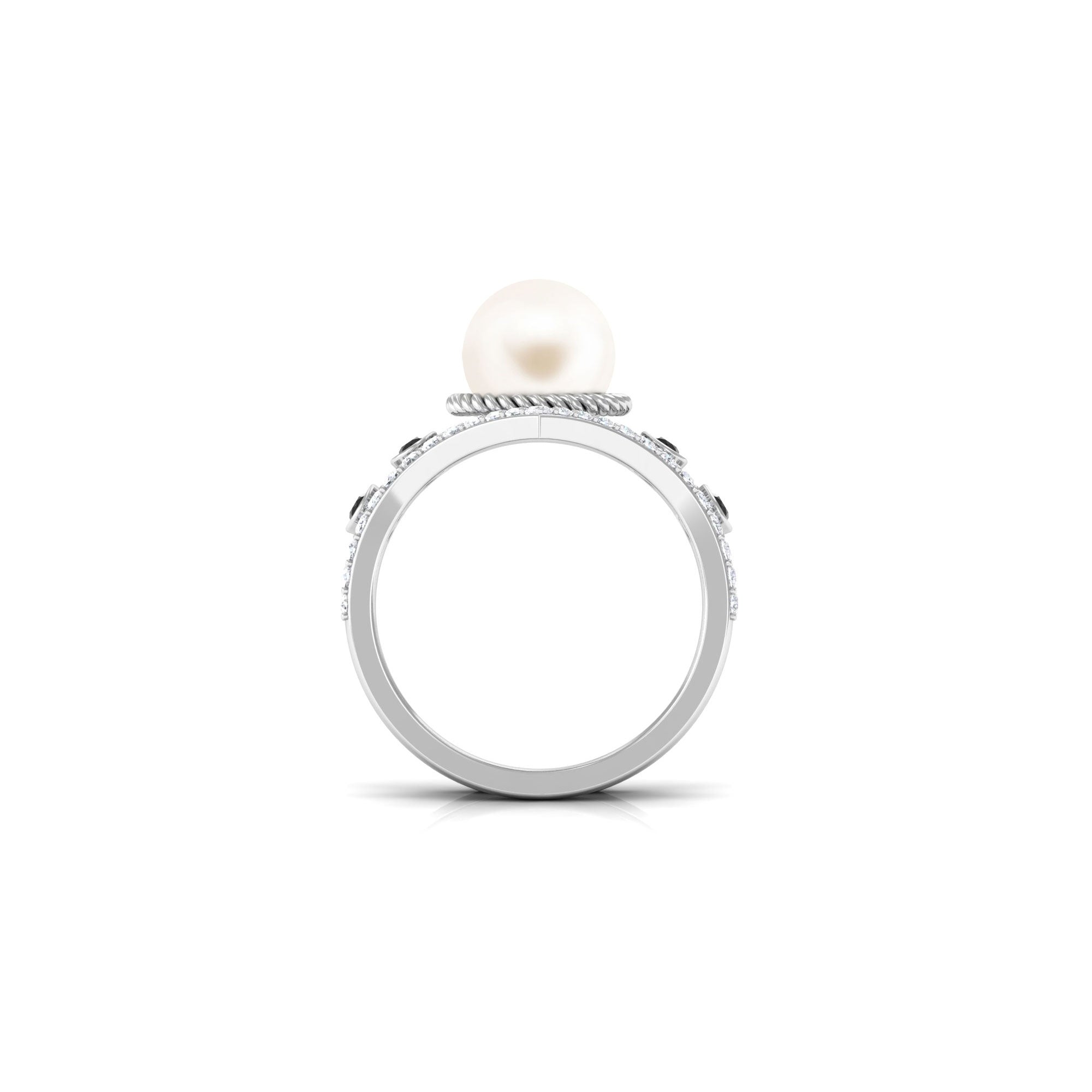 Arisha Jewels-Freshwater Pearl Bridal Ring Set of 2 with Black and White Diamond