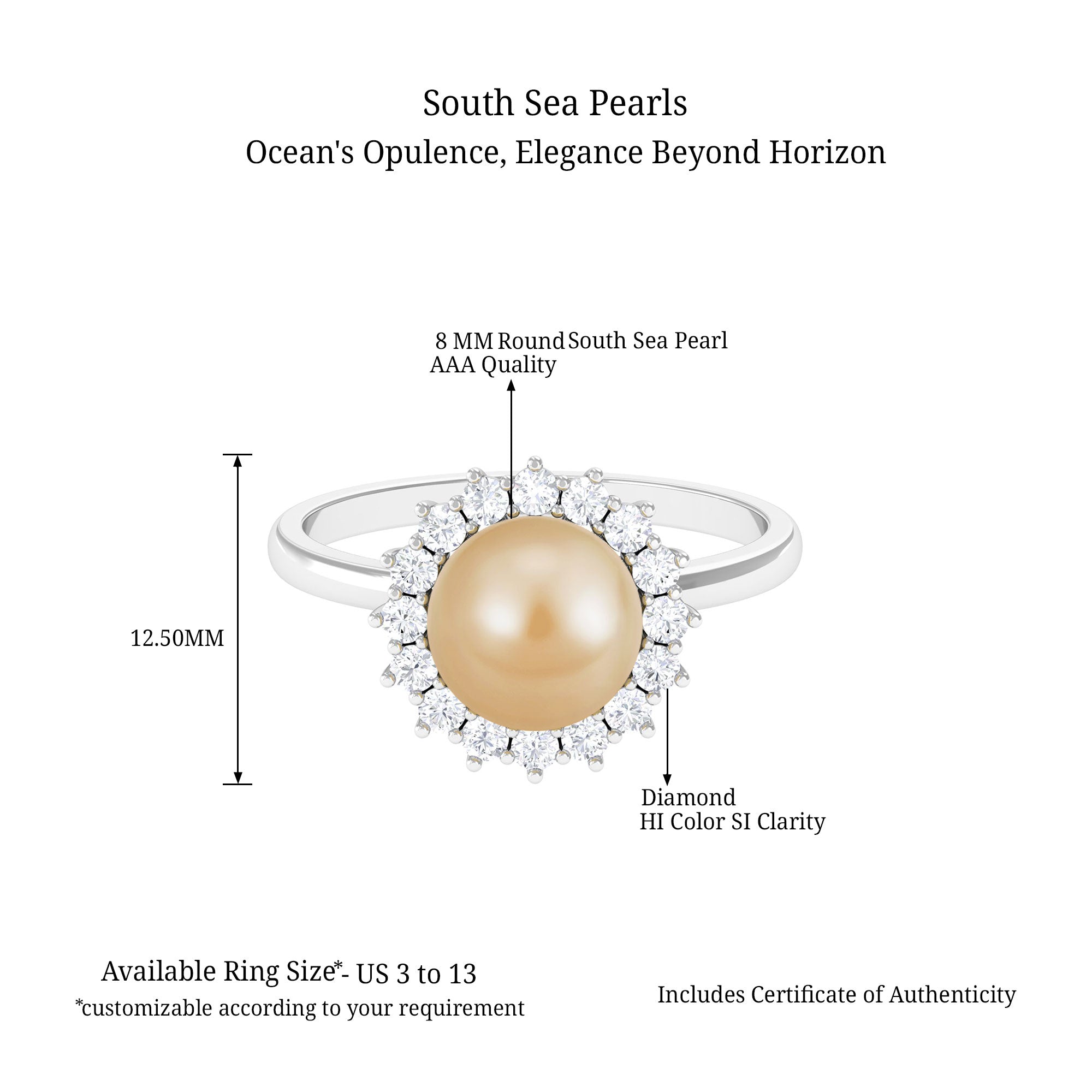 Arisha Jewels-South Sea Pearl Halo Engagement Ring with Diamond