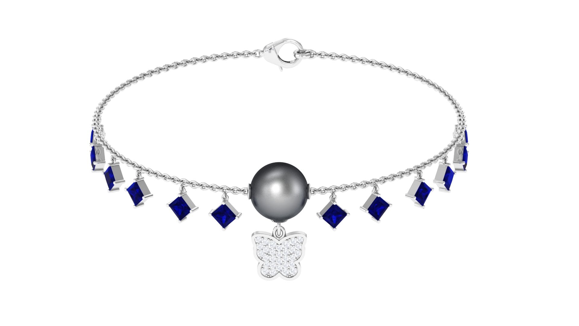 Tahitian Pearl Butterfly Charm Bracelet with Sapphire and Diamond Tahitian pearl-AAAA Quality - Arisha Jewels