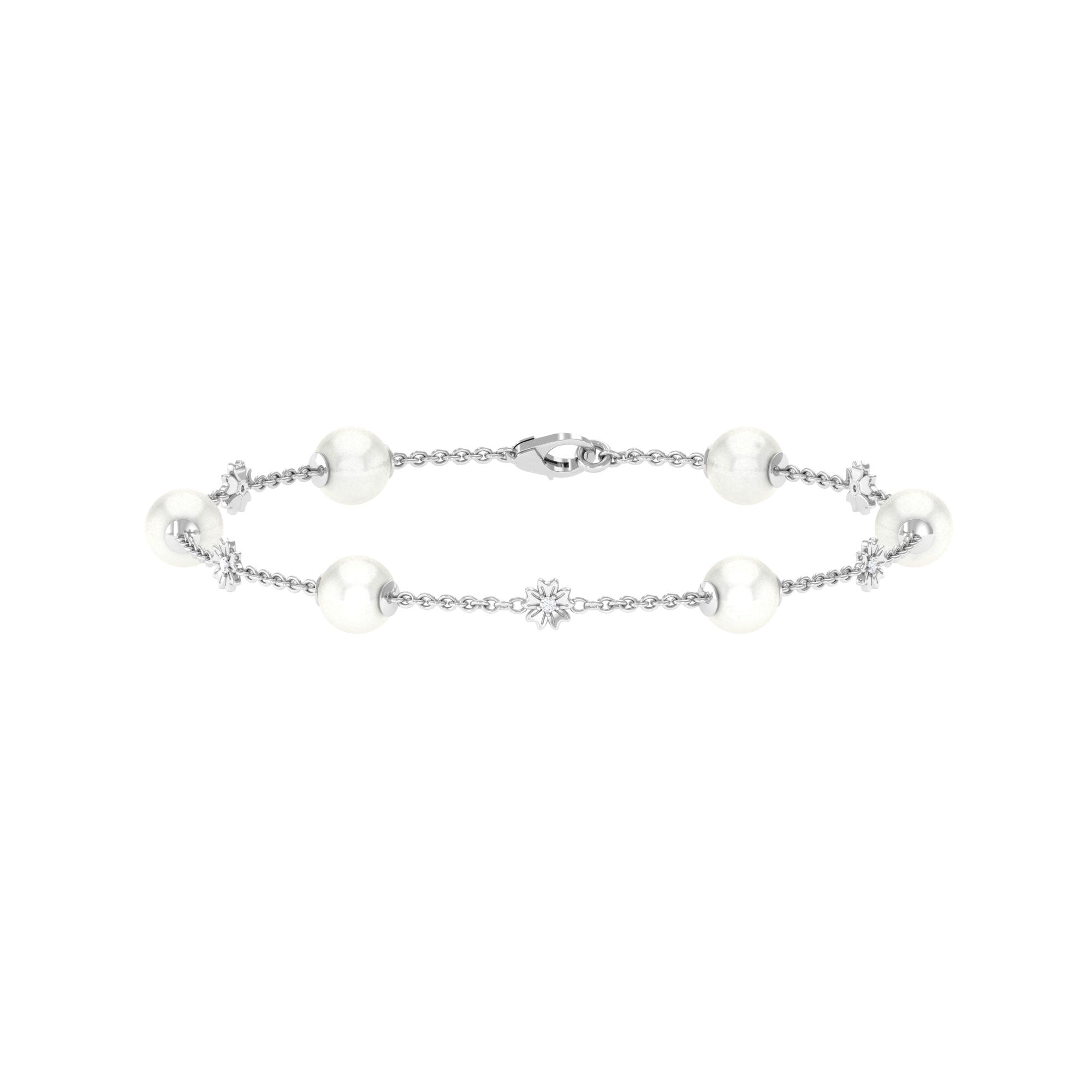 Real Freshwater Pearl Station Chain Bracelet with Diamond Freshwater Pearl-AAAA Quality - Arisha Jewels