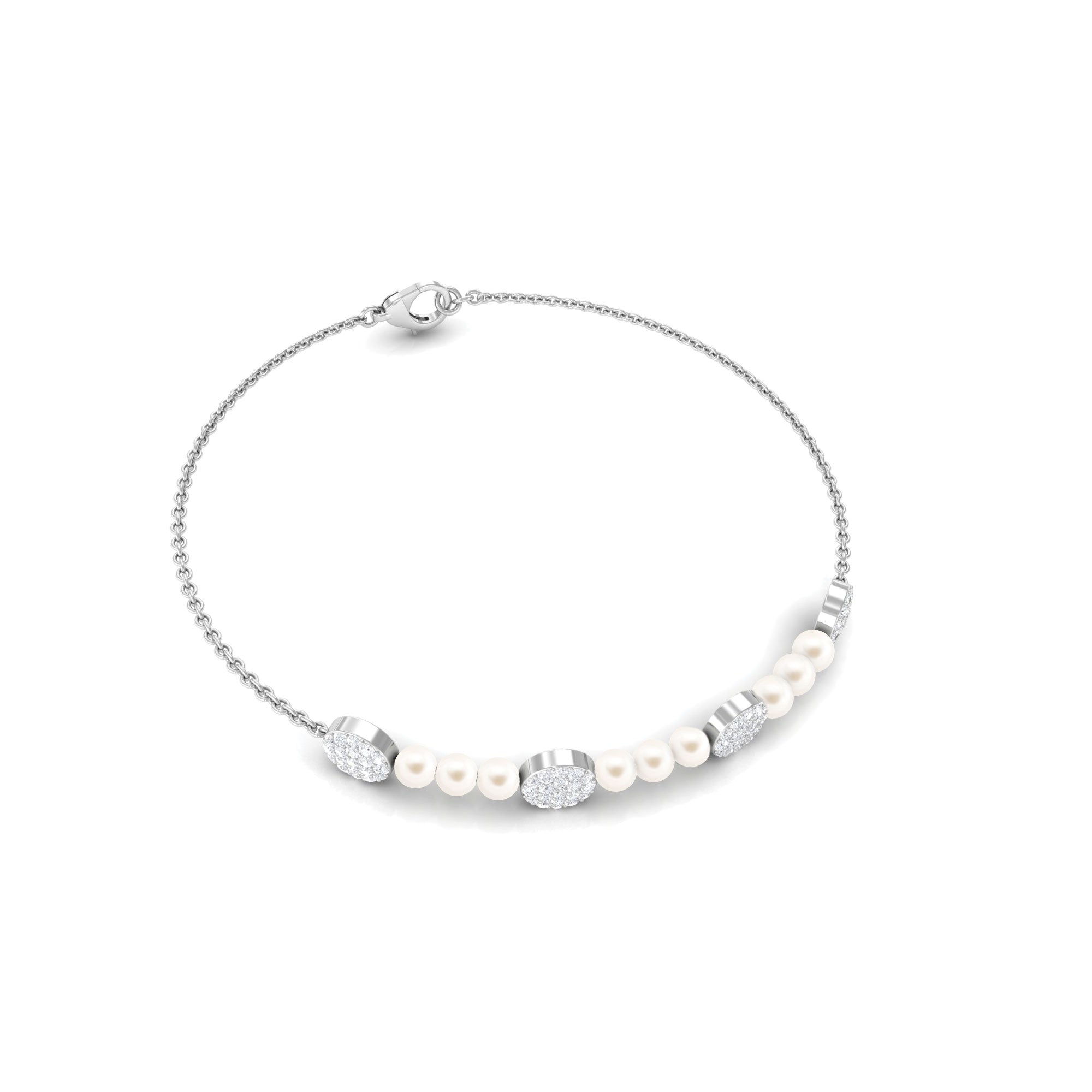 White Cultured Pearl Chain Bracelet with Diamond Freshwater Pearl-AAAA Quality - Arisha Jewels