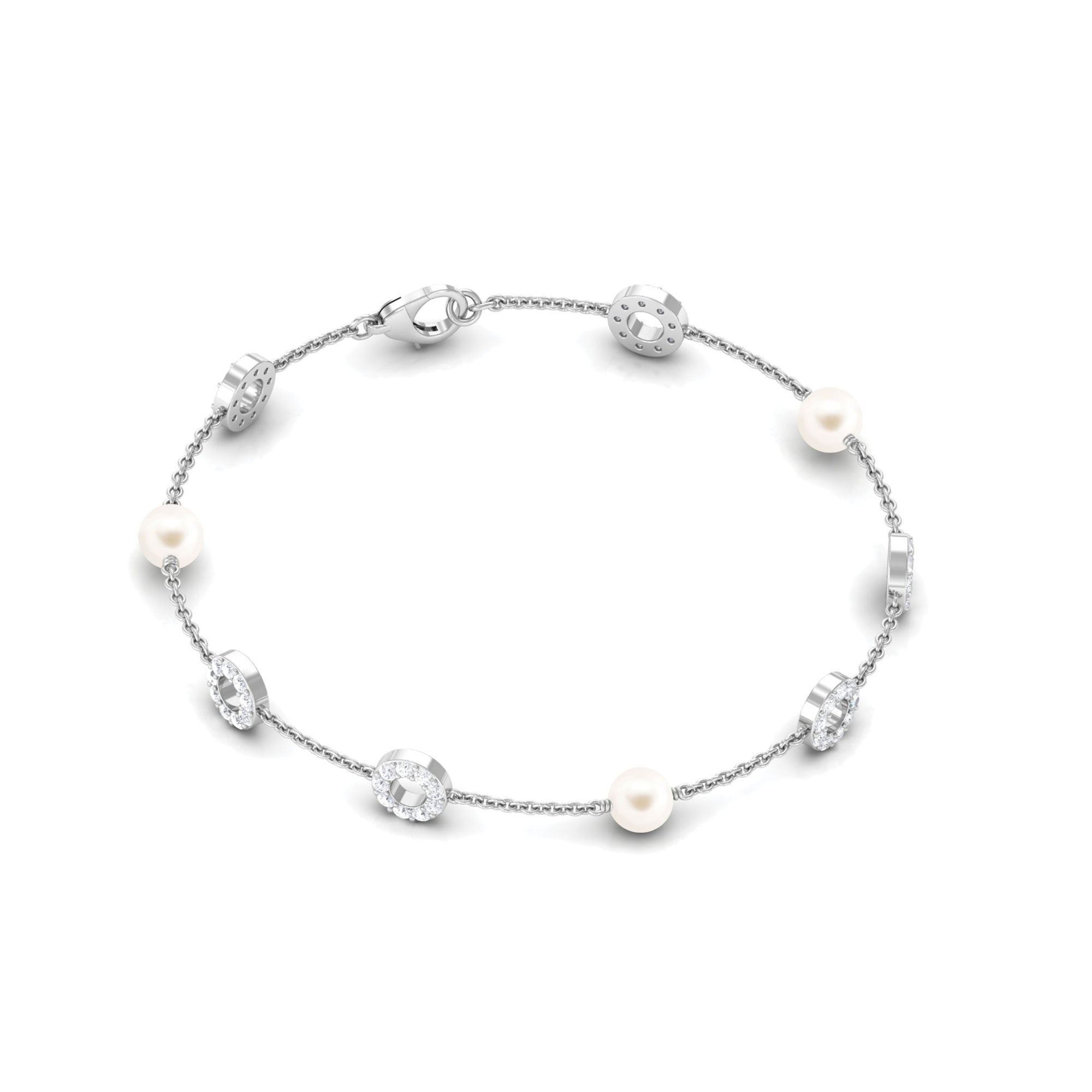 Minimal Freshwater Pearl Station Chain Bracelet with Diamond Freshwater Pearl-AAA Quality - Arisha Jewels