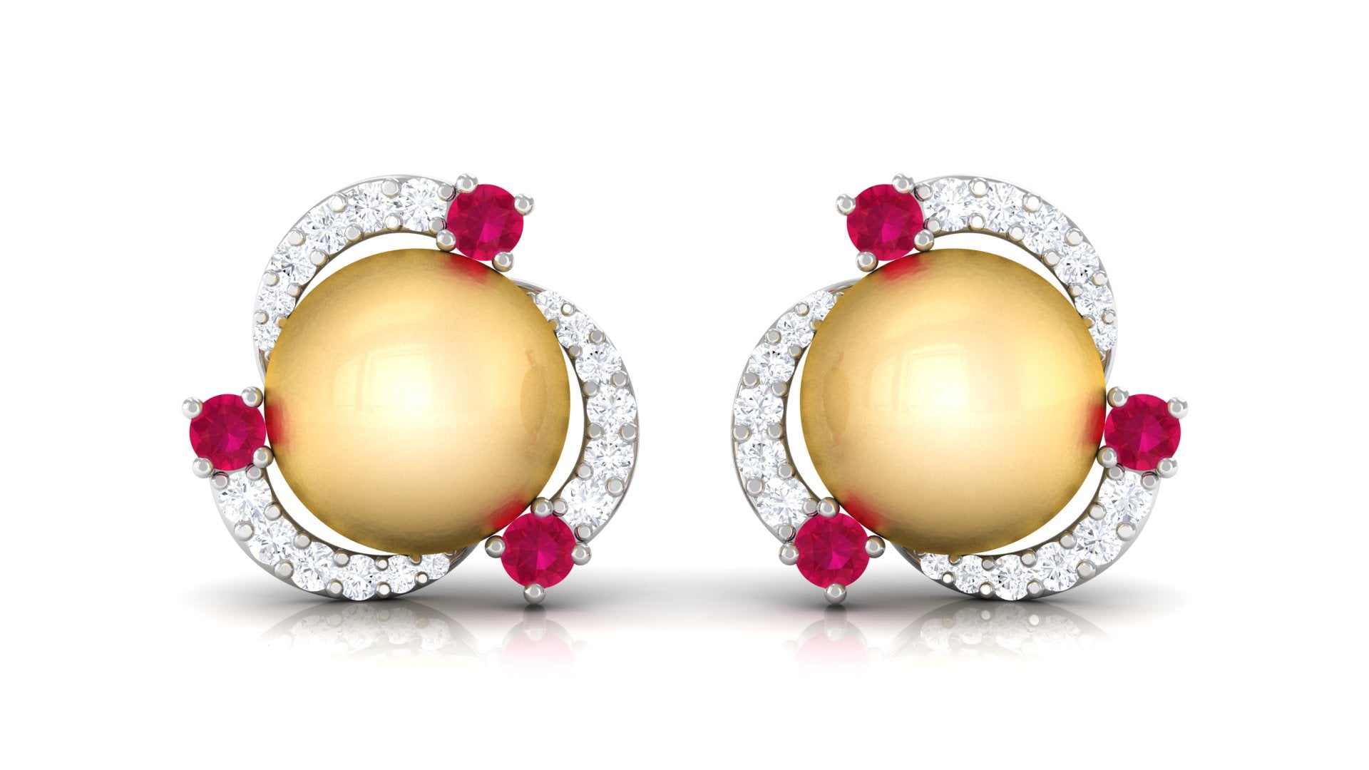 Round South Sea Pearl Swirl Stud Earrings with Ruby and Diamond South Sea Pearl-AAAA Quality - Arisha Jewels