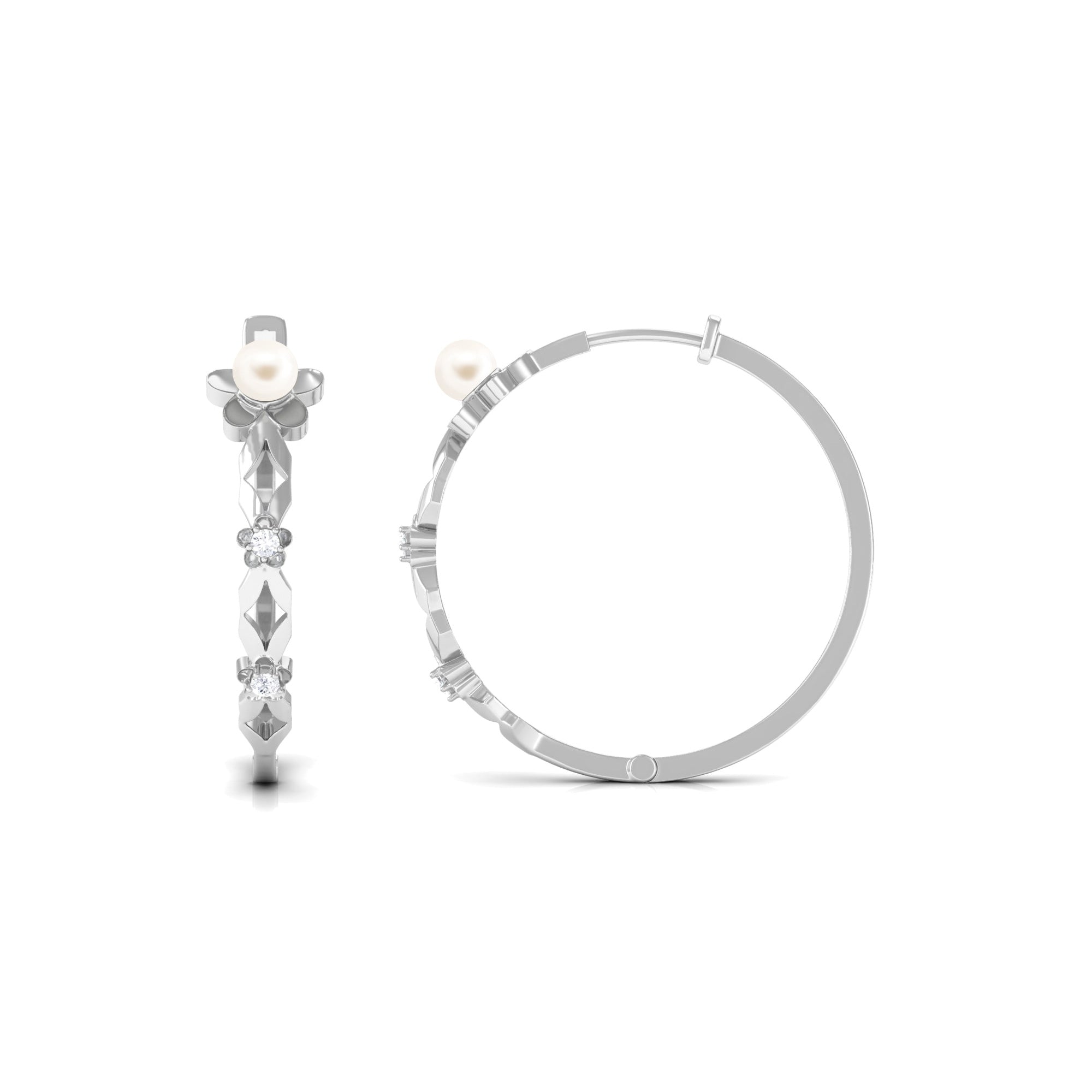 Nature Inspired White Pearl Floral Inspired Hoop Earrings with Diamond Freshwater Pearl-AAAA Quality - Arisha Jewels