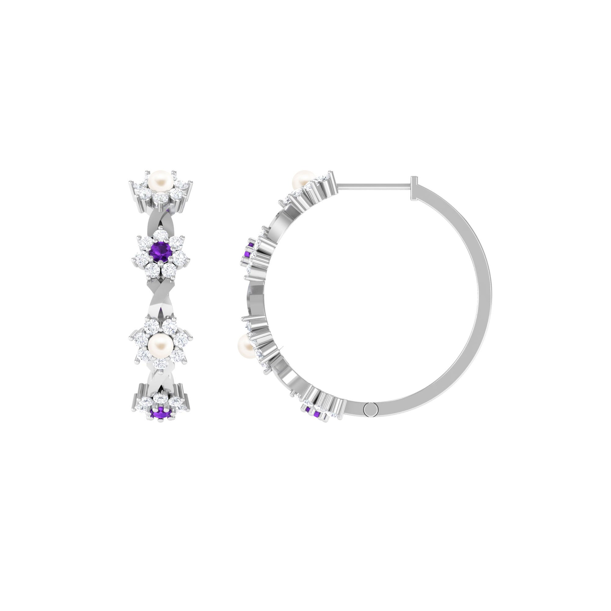 Floral Pearl Hoop Earrings with Amethyst and Diamond Freshwater Pearl-AAAA Quality - Arisha Jewels