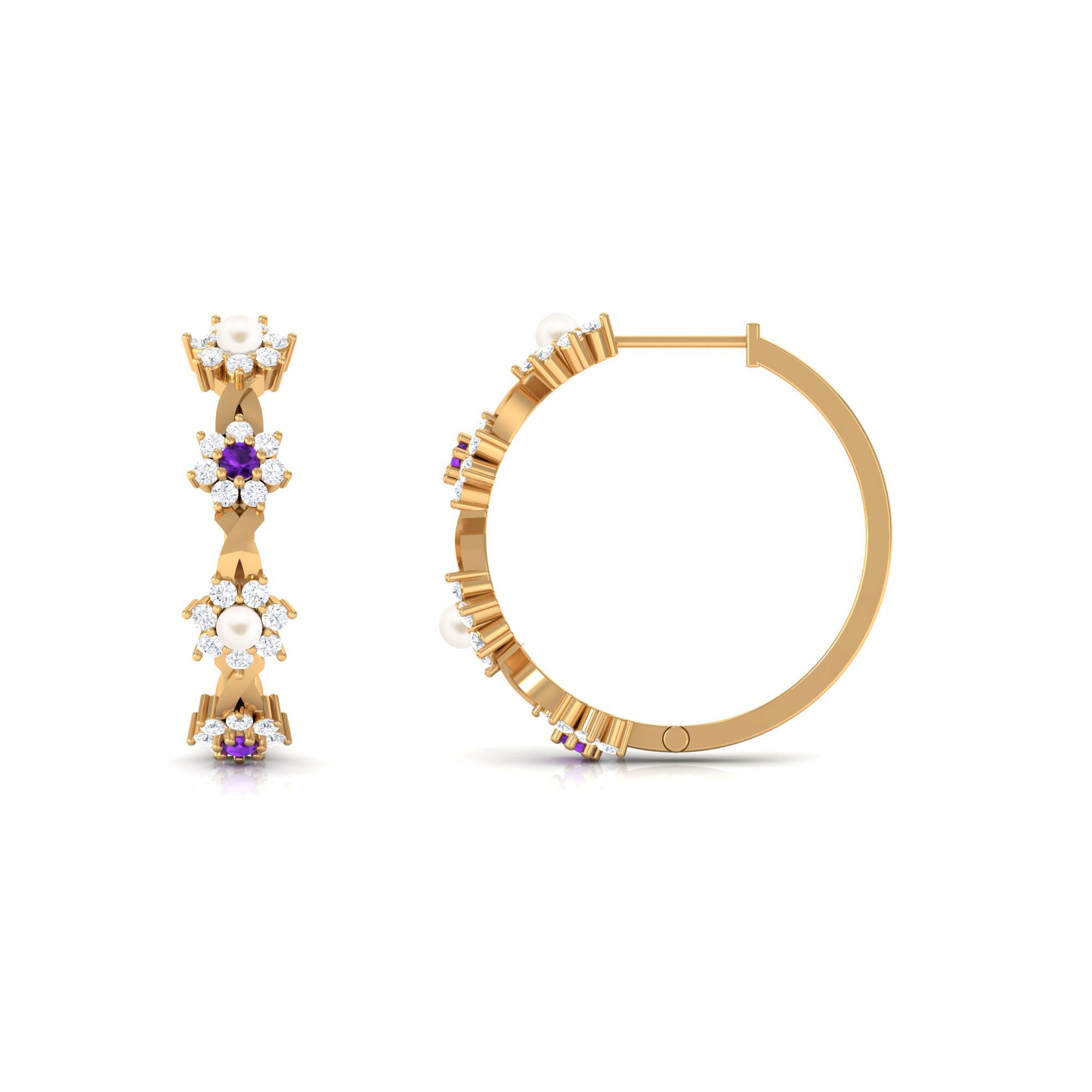 Floral Pearl Hoop Earrings with Amethyst and Diamond Freshwater Pearl-AAAA Quality - Arisha Jewels