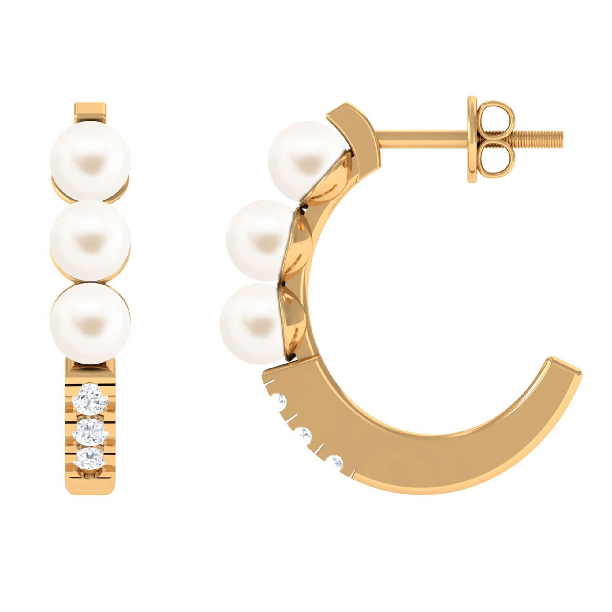 Classic Freshwater Pearl Half Hoop Earrings with Diamond Freshwater Pearl-AAA Quality - Arisha Jewels