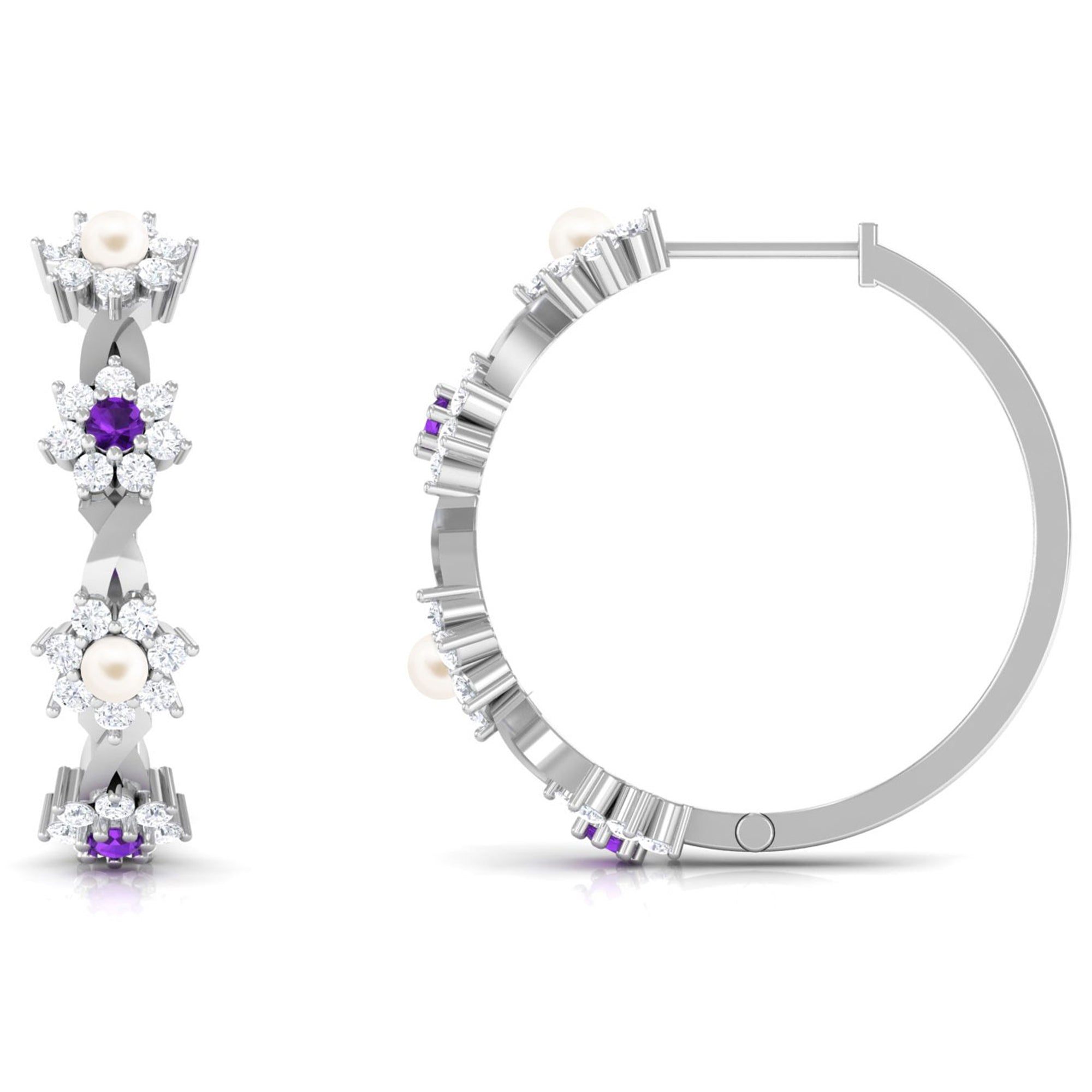 Floral Pearl Hoop Earrings with Amethyst and Diamond Freshwater Pearl-AAA Quality - Arisha Jewels