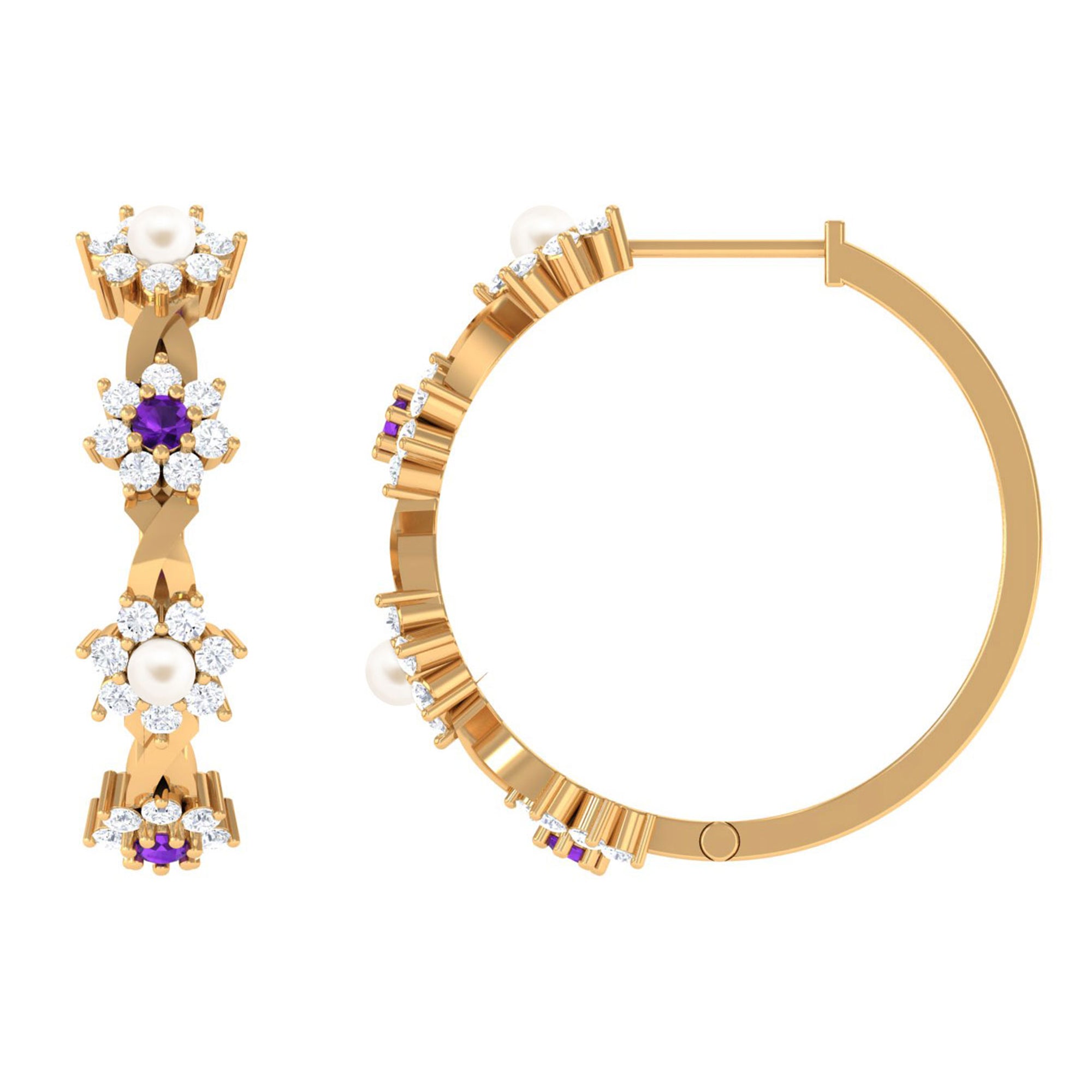 Floral Pearl Hoop Earrings with Amethyst and Diamond Freshwater Pearl-AAA Quality - Arisha Jewels