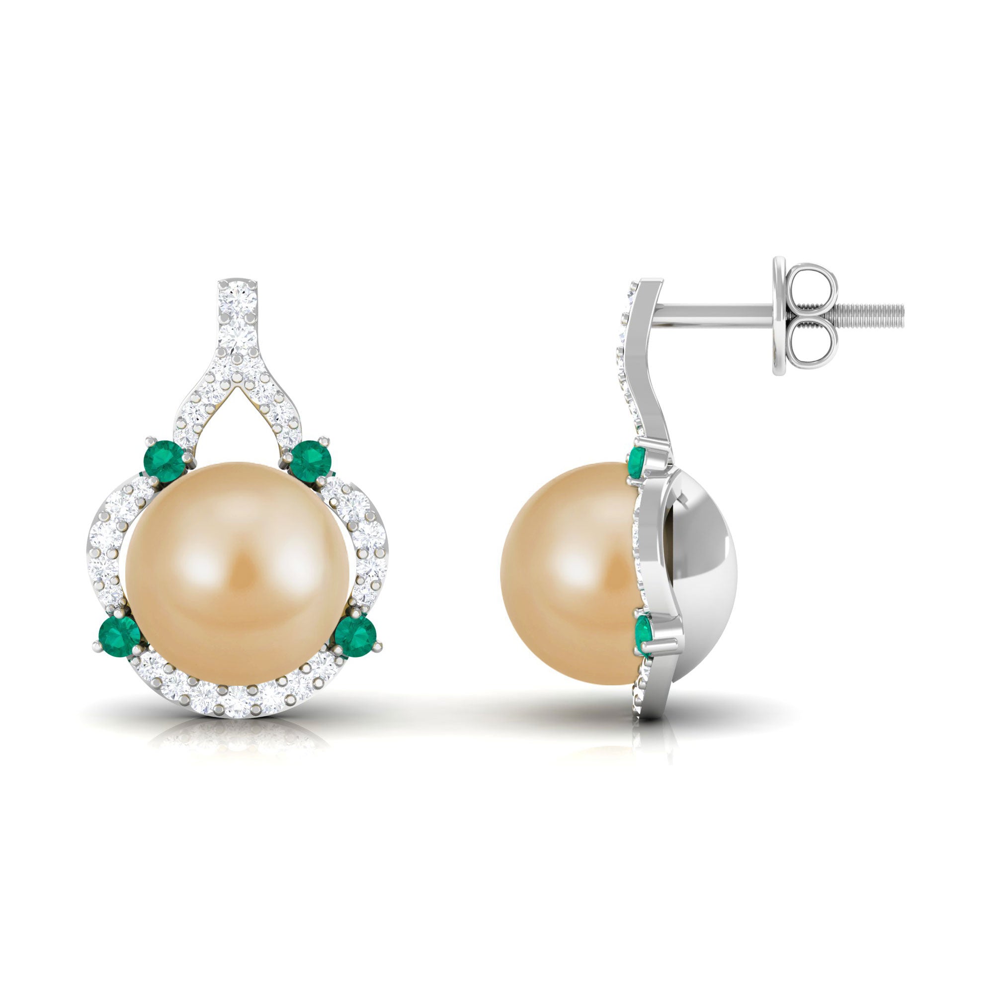 Vintage Golden Pearl Drop Earrings with Emerald and Diamond South Sea Pearl - ( AAA ) - Quality - Arisha Jewels