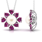 Arisha Jewels-Freshwater Pearl Floral Pendant with Heart Shaped Rhodolite Petals