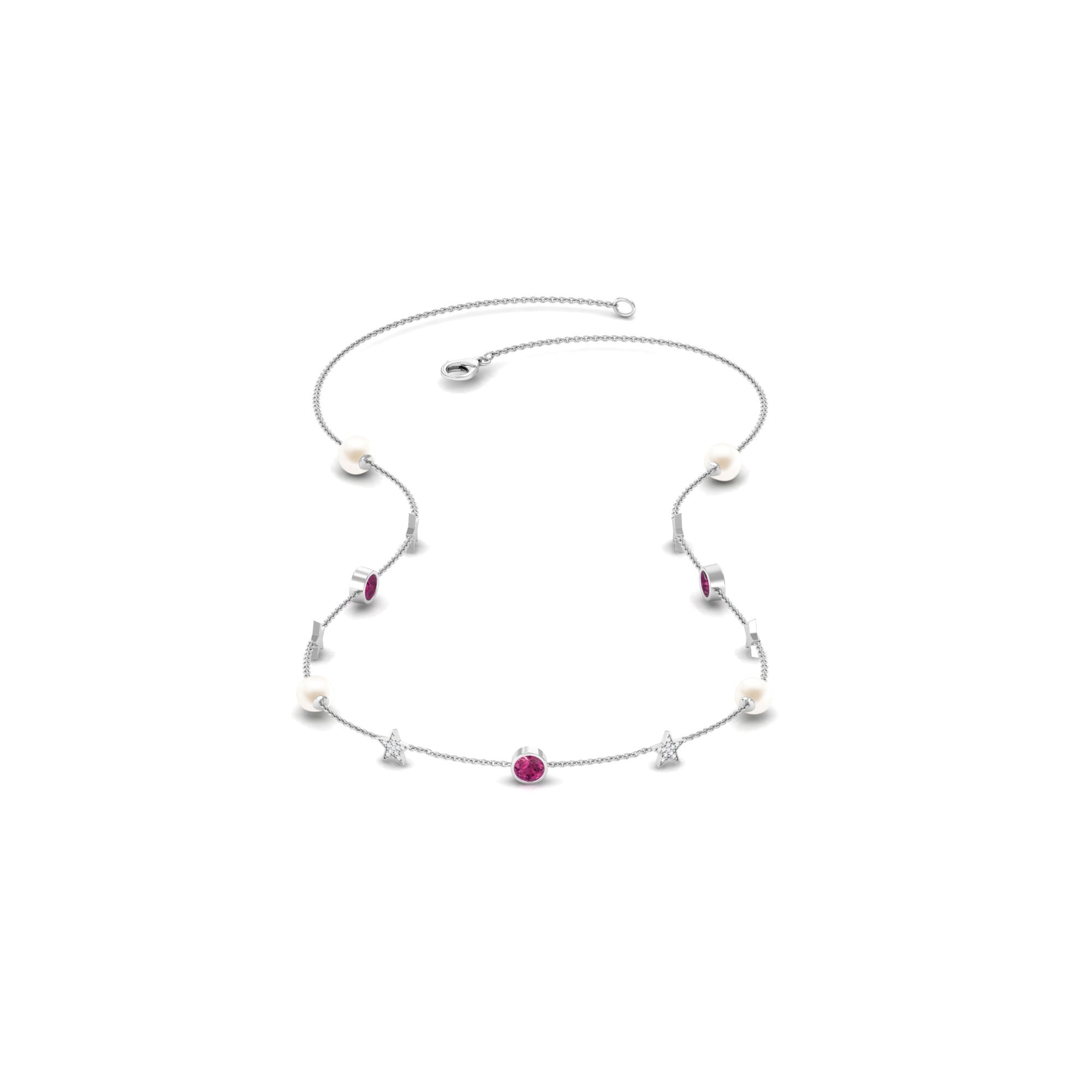 Freshwater Pearl Station Chain Necklace with Tourmaline and Diamond Freshwater Pearl-AAA Quality - Arisha Jewels