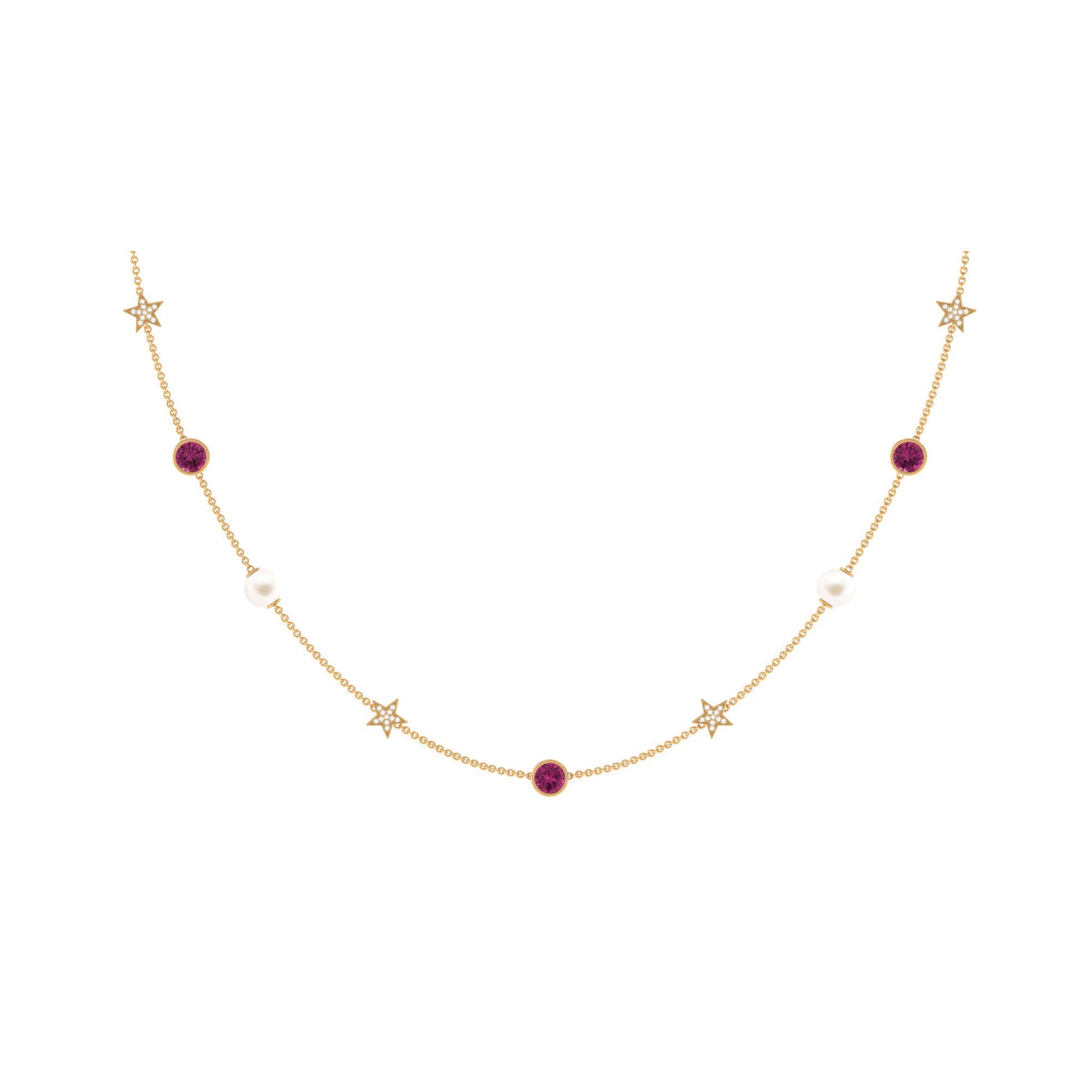 Freshwater Pearl Station Chain Necklace with Tourmaline and Diamond Freshwater Pearl-AAA Quality - Arisha Jewels