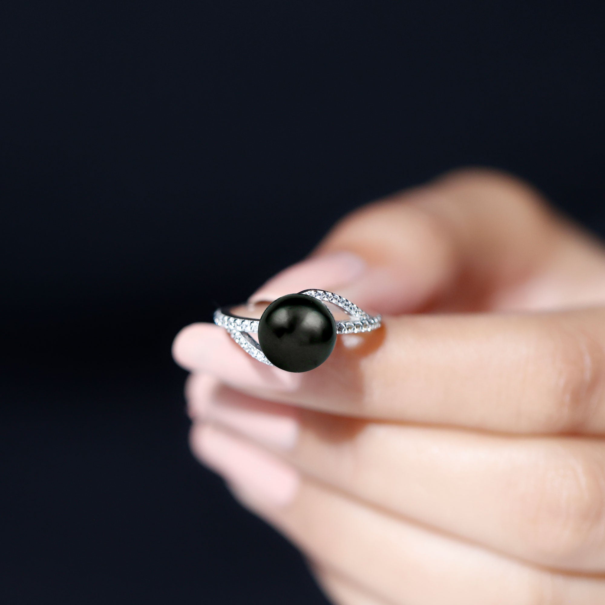 Elegant Black Pearl Solitaire Ring with Diamond Side Stones Tahitian pearl-AAAA Quality - Arisha Jewels