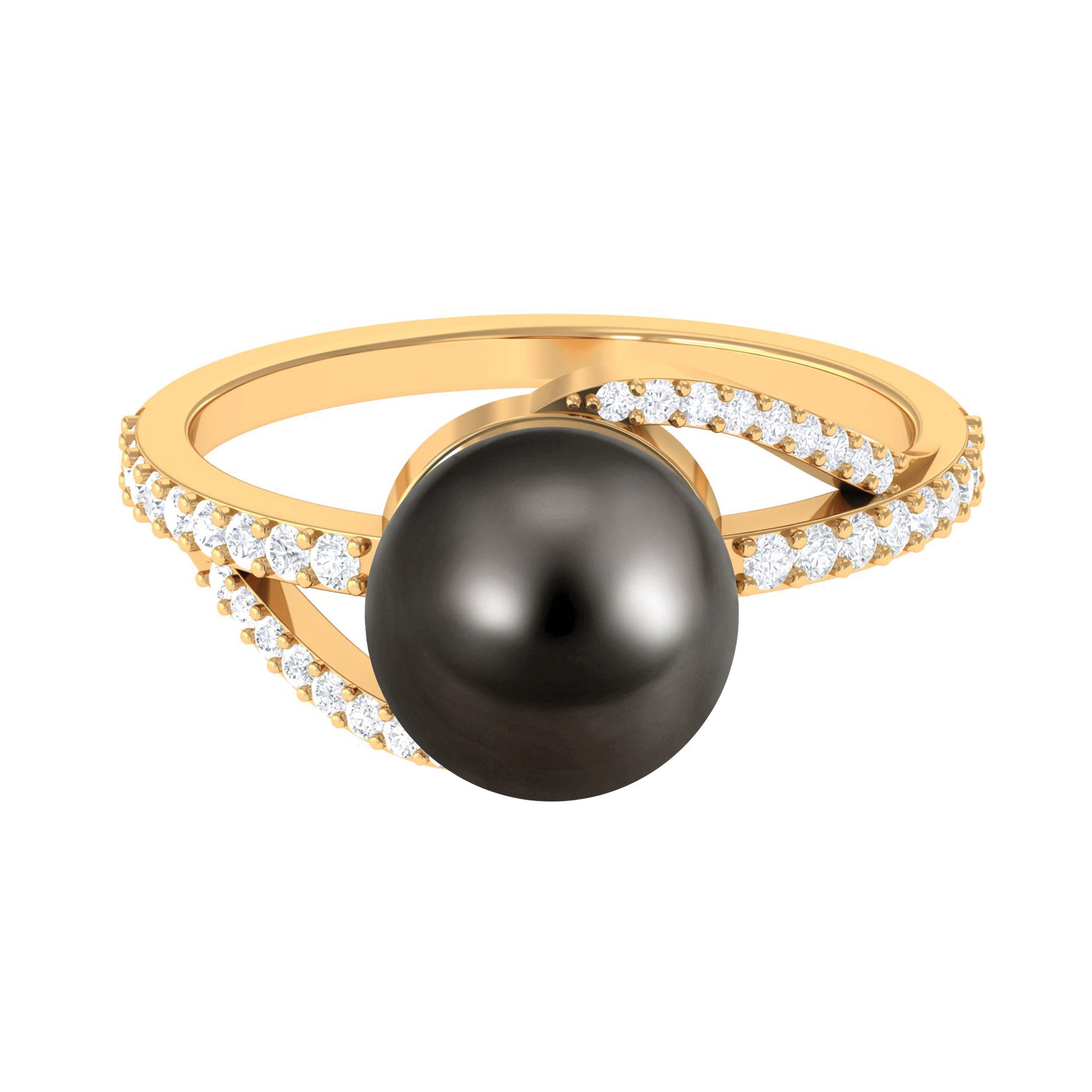 Elegant Black Pearl Solitaire Ring with Diamond Side Stones Tahitian pearl-AAAA Quality - Arisha Jewels